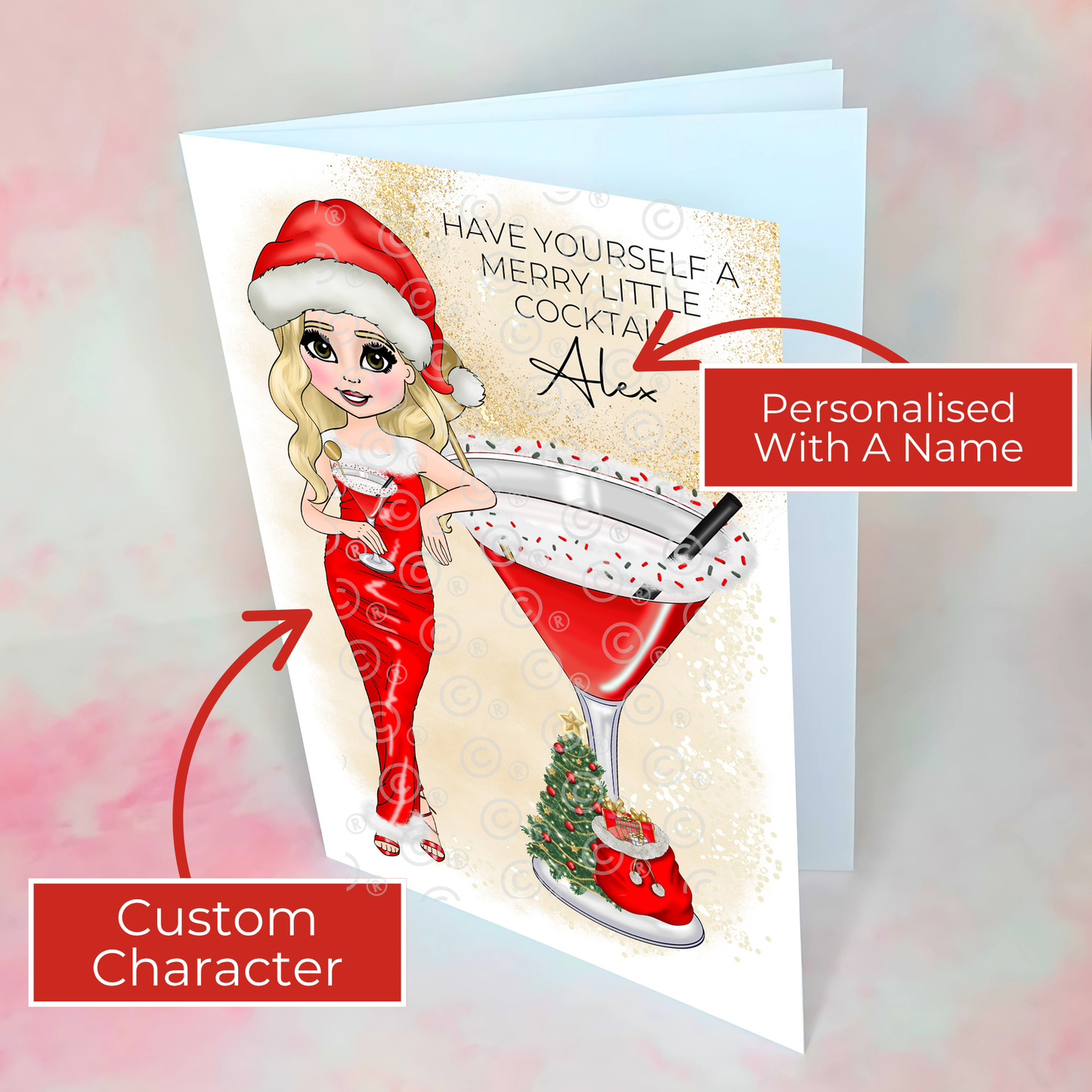 Personalised Friend Mrs Clausmopolitan Christmas Card, Custom Name A5 Greeting for Her, Fun Holiday Card with Cocktail and Glam Santa Outfit #CC