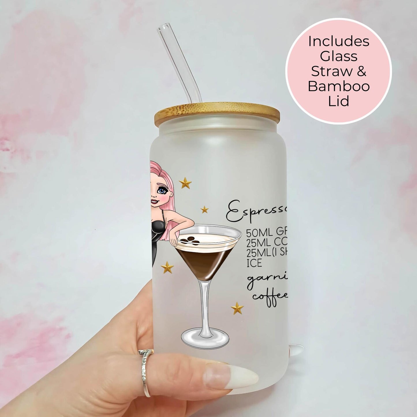 Espresso Martini Evening Cocktail Recipe 16oz Glass With Straw, Custom Character Coffee Themed Cocktail Gift For Her Milestone Birthday #FL