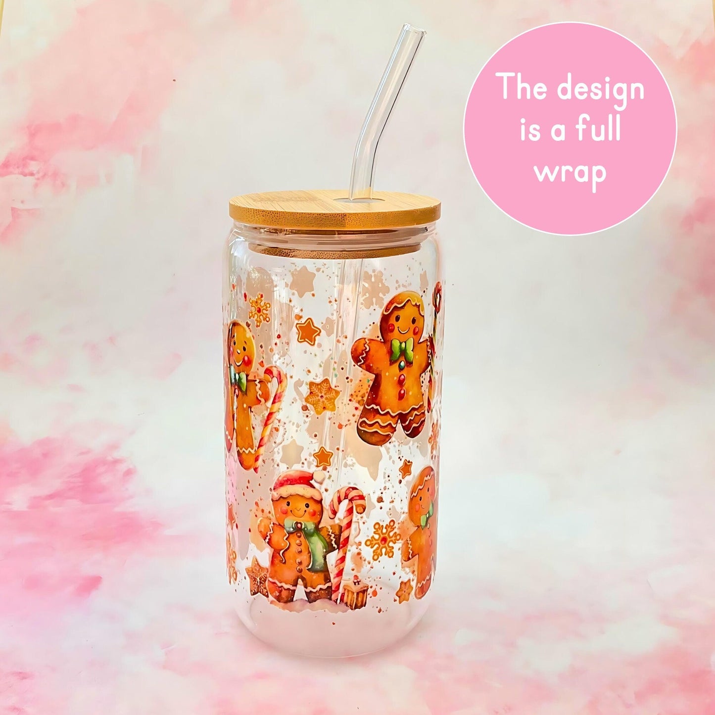 Cute Watercolour Gingerbread Man 16oz Libby Glass Tumbler, Christmas Drinkware For Her, Warm Cold Drink Tempered Glass With Glass Straw #CG #CL