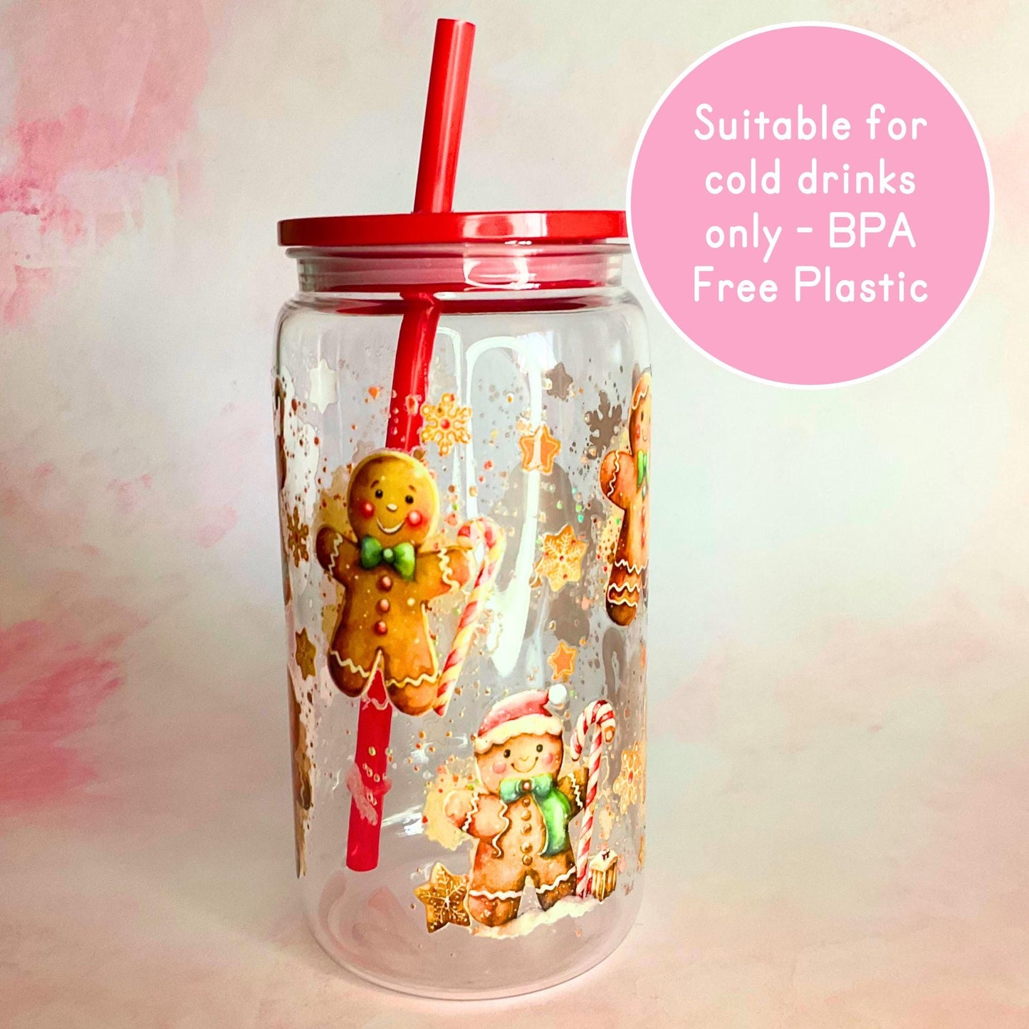 Christmas Gingerbread BPA Free Plastic 16 oz Libby Glass Can, Christmas Mocktail Cocktail Straw Tumbler For, Festive Themed Drinkware #CG #CL