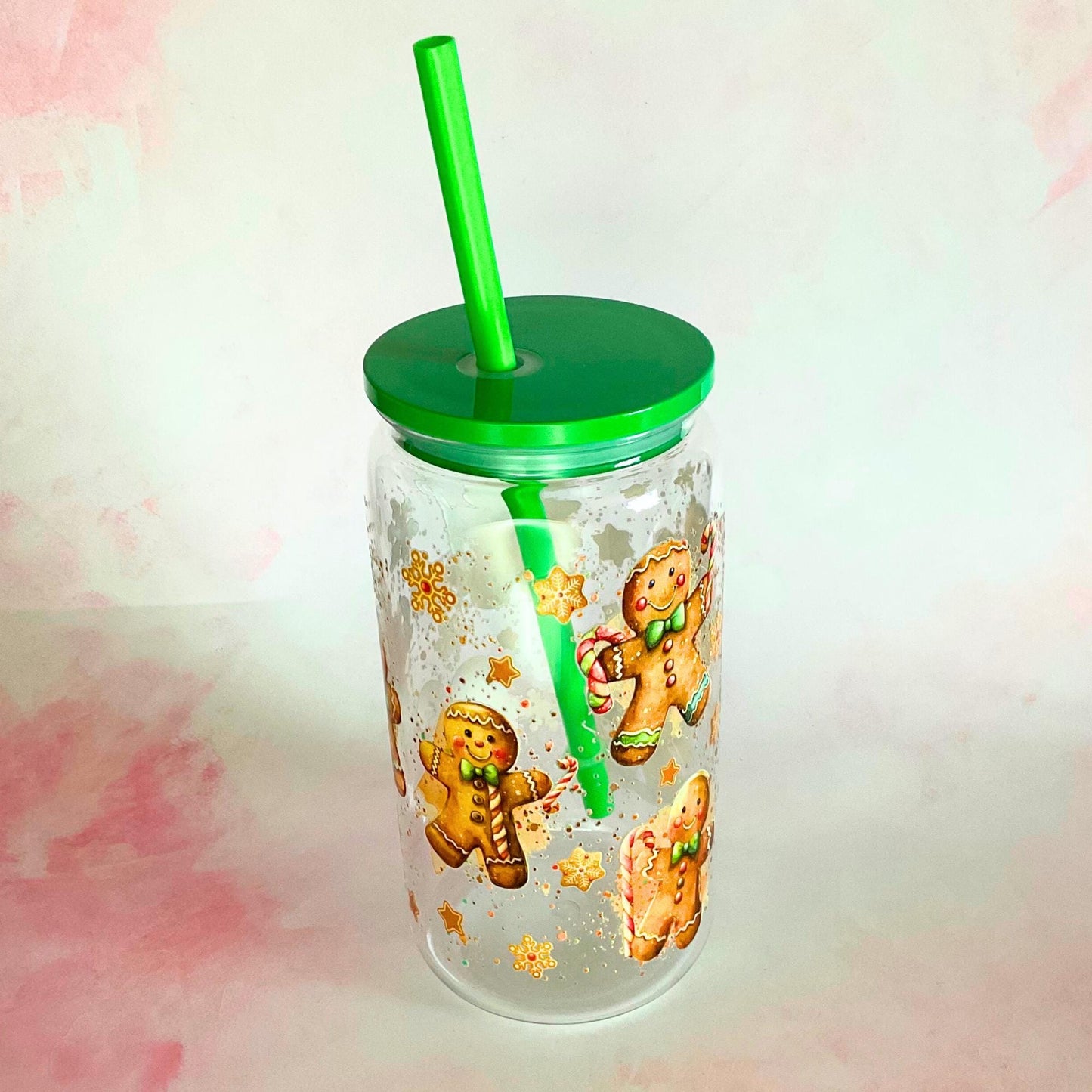 Christmas Gingerbread BPA Free Plastic 16 oz Libby Glass Can, Christmas Mocktail Cocktail Straw Tumbler For, Festive Themed Drinkware #CG #CL