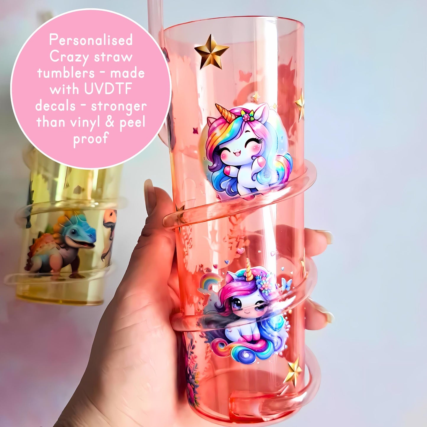 Personalized Curly Straw Tumbler with UV DTF Print, Kawaii Rainbow Unicorns Dinosaurs Football Wrap Around Straw Cup, Kids Stocking Fillers #BPA