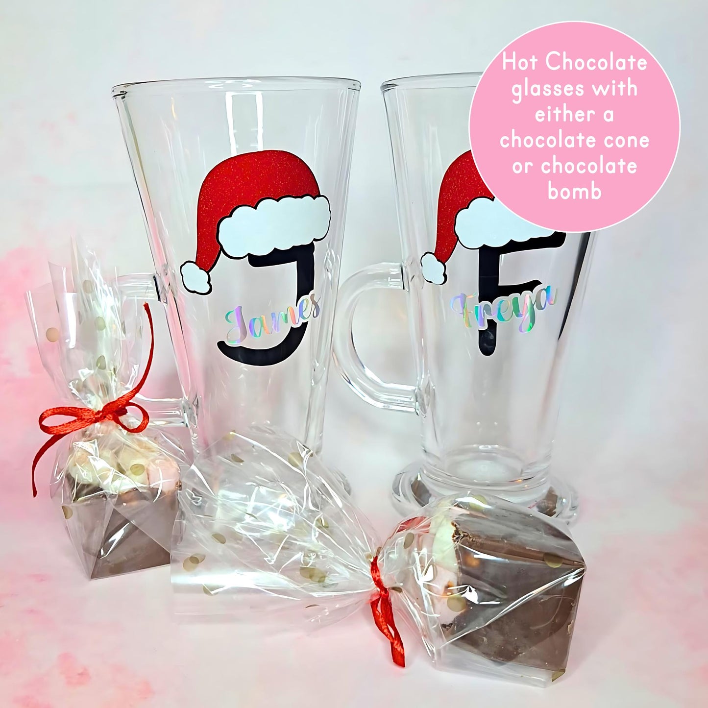 Personalized Monogram Christmas Hot Chocolate Glass, Custom Initial And Name With Antlers or Santa Hat In Glitter Vinyl, Hot Chocolate Cone #CG
