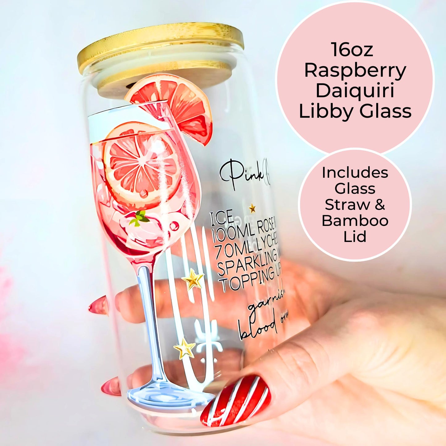 Pink Gin 75 Cocktail Recipe On Glass, Coworker Receptionist Appreciation Gift, Hollywood Glamour Cocktail Mocktail Enthusiast Home Bar Gift #CL