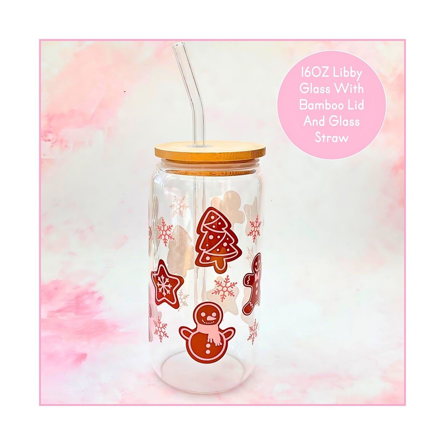 Cartoon Gingerbread Biscuit Assortment 16oz Libby Glass Tumbler With Glass Straw, Bamboo Lid Tempered Glass Tumbler For Warm And Cold Liquid #CG #CL