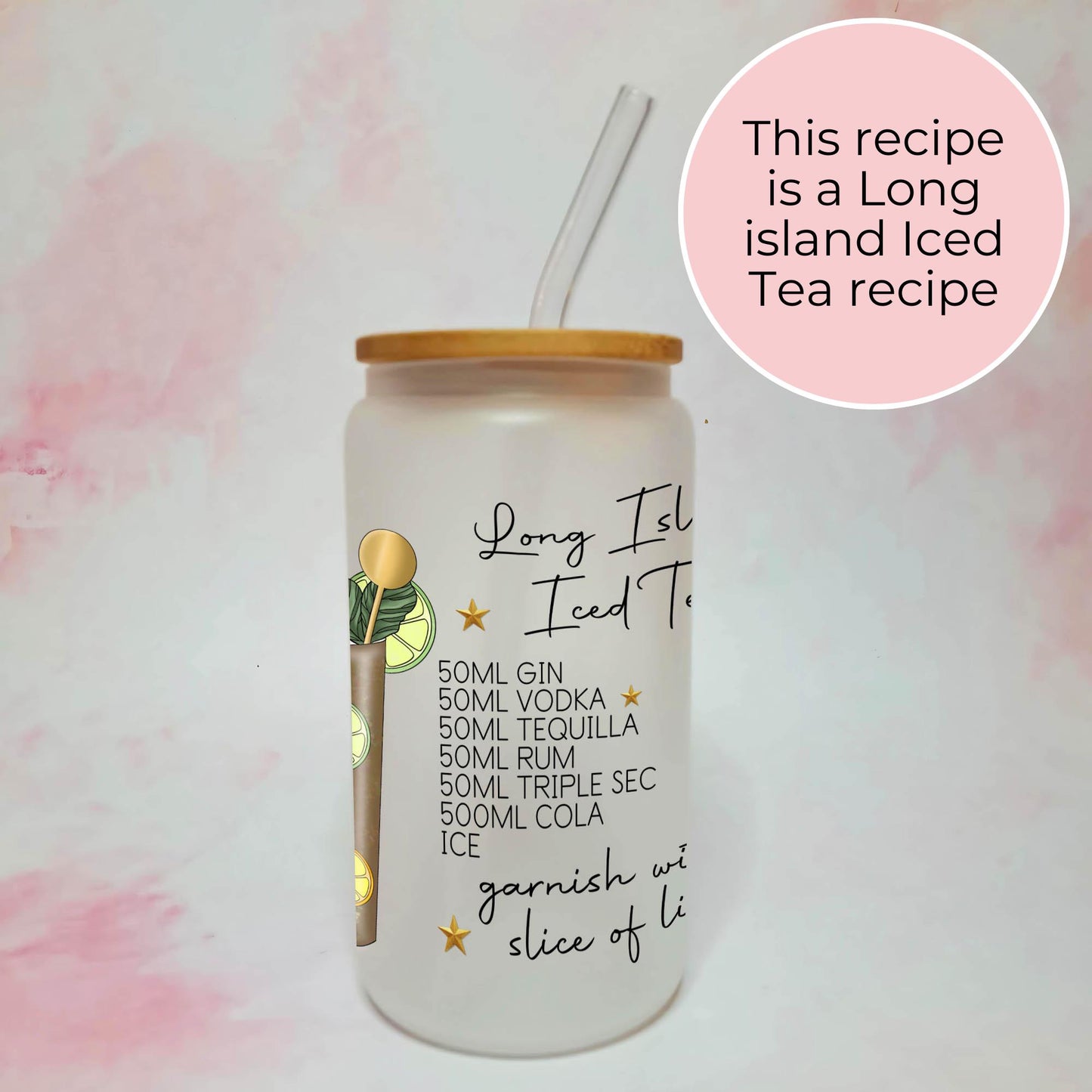 Long Island Iced Tea 16oz Frosted Libby Glass With Custom Character & Cocktail Recipe, Elegant Cocktail Tumbler For Her, Hen Party Drinkware #FL