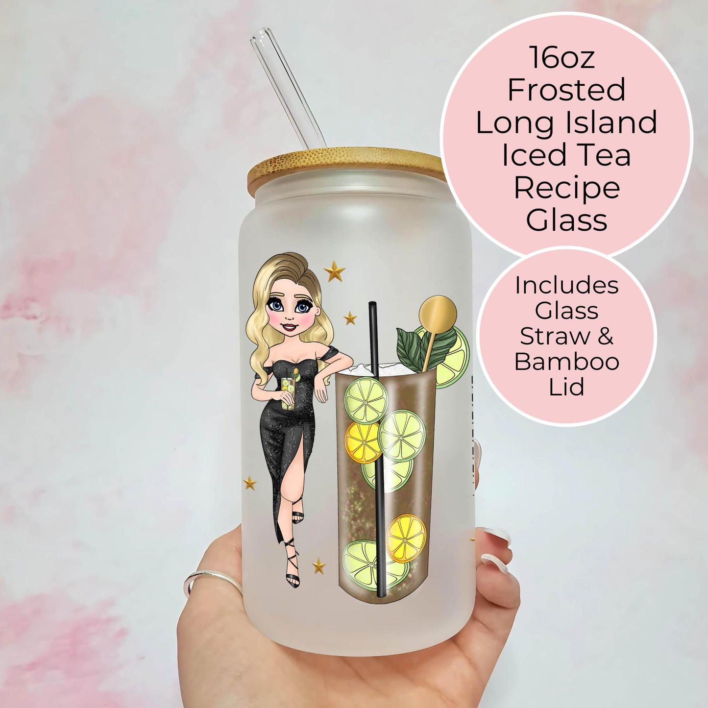 Long Island Iced Tea 16oz Frosted Libby Glass With Custom Character & Cocktail Recipe, Elegant Cocktail Tumbler For Her, Hen Party Drinkware #FL