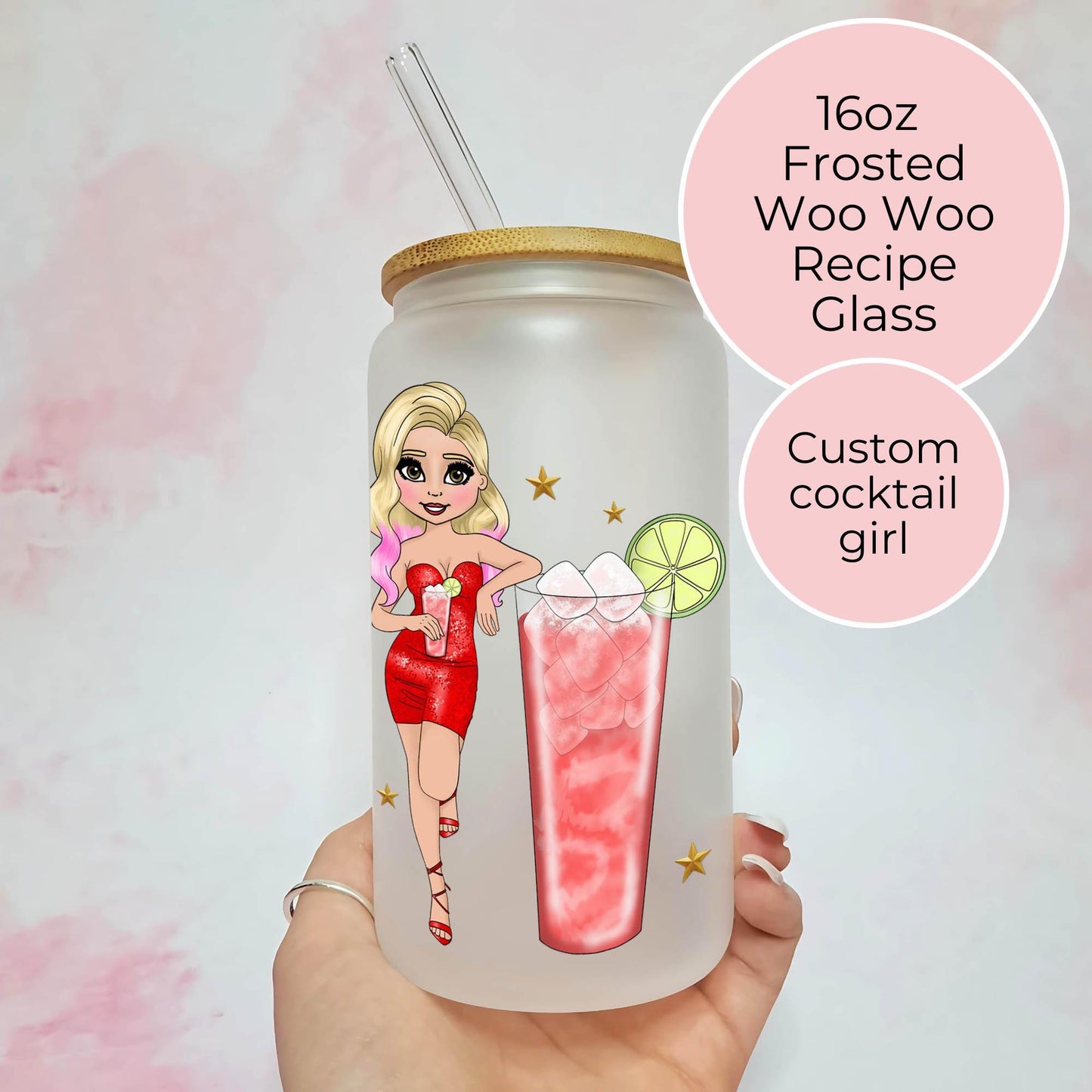 16oz Frosted Libby Glass With Custom Character & Cocktail Recipe, Ladies Hen Night Woo Woo Cocktail Tumbler For Her, Bachellorette Cocktails