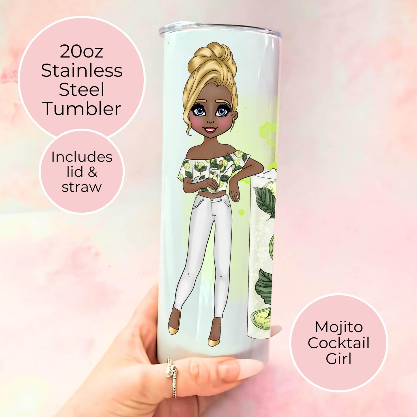 Mojito 20oz Stainless Steel Tumbler, Custom Character Cocktail Gift For Her Milestone Birthday, Festival Pool Party Cup For Hot/Cold Drinks #ST