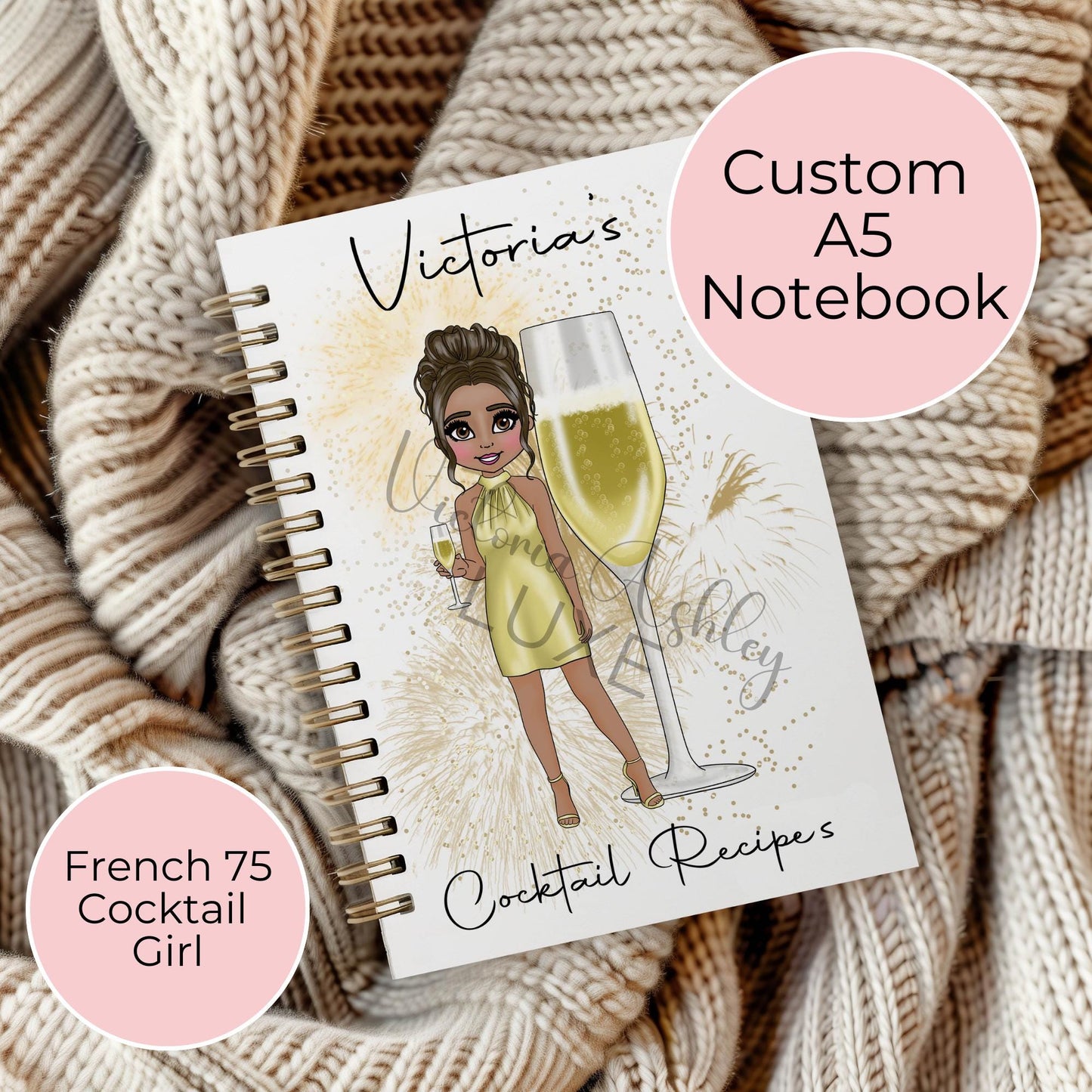 French 75 Classic Champagne Cocktail Celebratory Notebook Gift, Personalised Graduation End Of Year Gift For Her, Custom Character Cocktail Notebook #NB