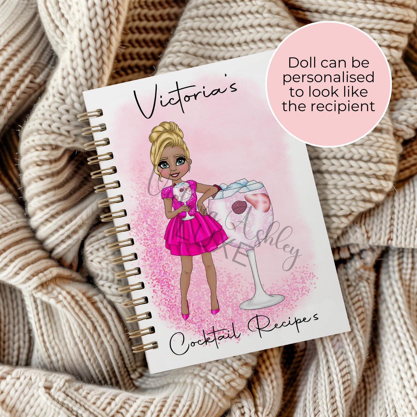 Pink Gin 75 Custom Character Cocktail Girl A5 Wirebound Notebook, Personalised Notebook Gift For Her, Journaling Writing Lined Page Notepad #NB