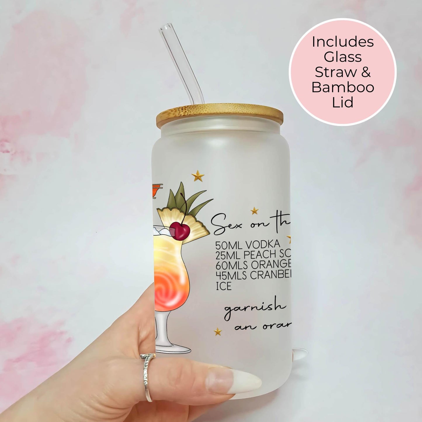 Personalised Character Portrait Cocktail Glass With Recipe For Big Sister, Frosted Cocktail Glass Sex On The Beach Bachelorette Hostess Gift