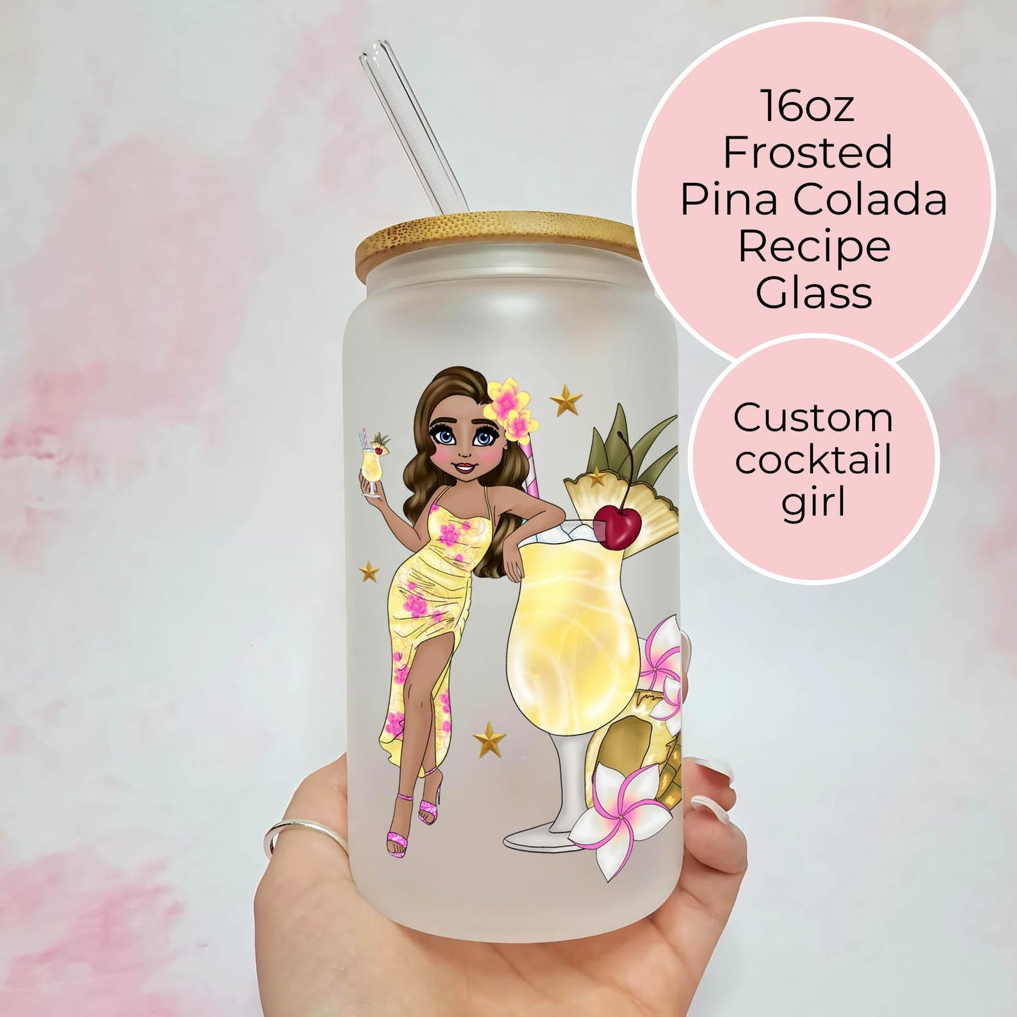 16oz Frosted Pina Colada Libby Glass With Custom Character & Cocktail Recipe, Ladies Hen Cocktail Tumbler For Her, Milestone Birthday Gift #F1