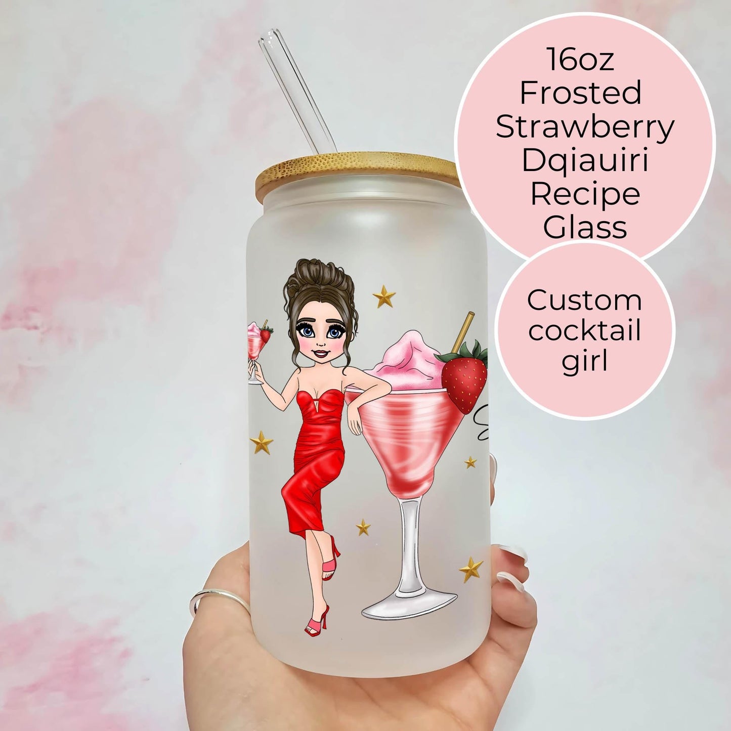 16oz Frosted Glass Strawberry Daiquiri Cocktail Tumbler, Summer Soiree Gift For Her Birthday, Summer Girly Garden Party Pool Party Drinkware #F1
