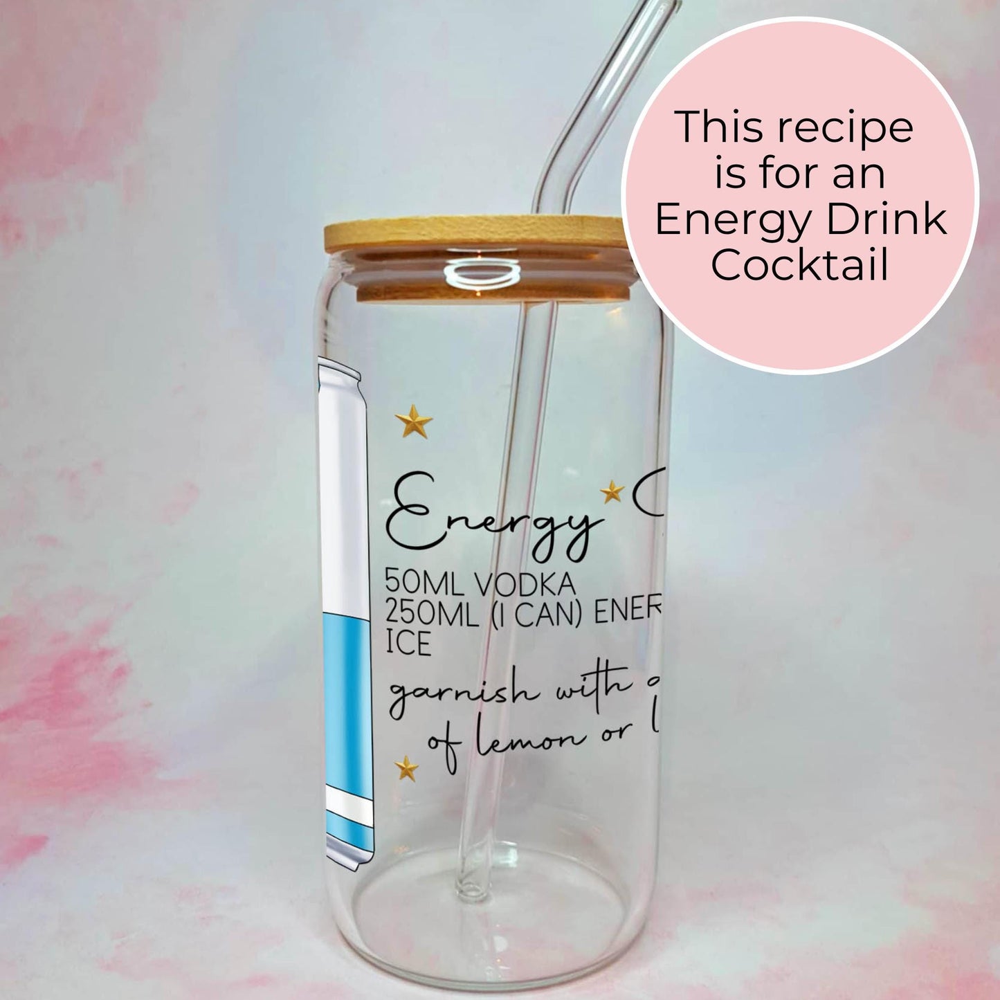 Energy Drink 16oz Clear Glass & Cocktail Recipe, Fun Drinkware Gift for Cocktail Lovers, UV Print Tumbler for Party Drink Girls Night #CL