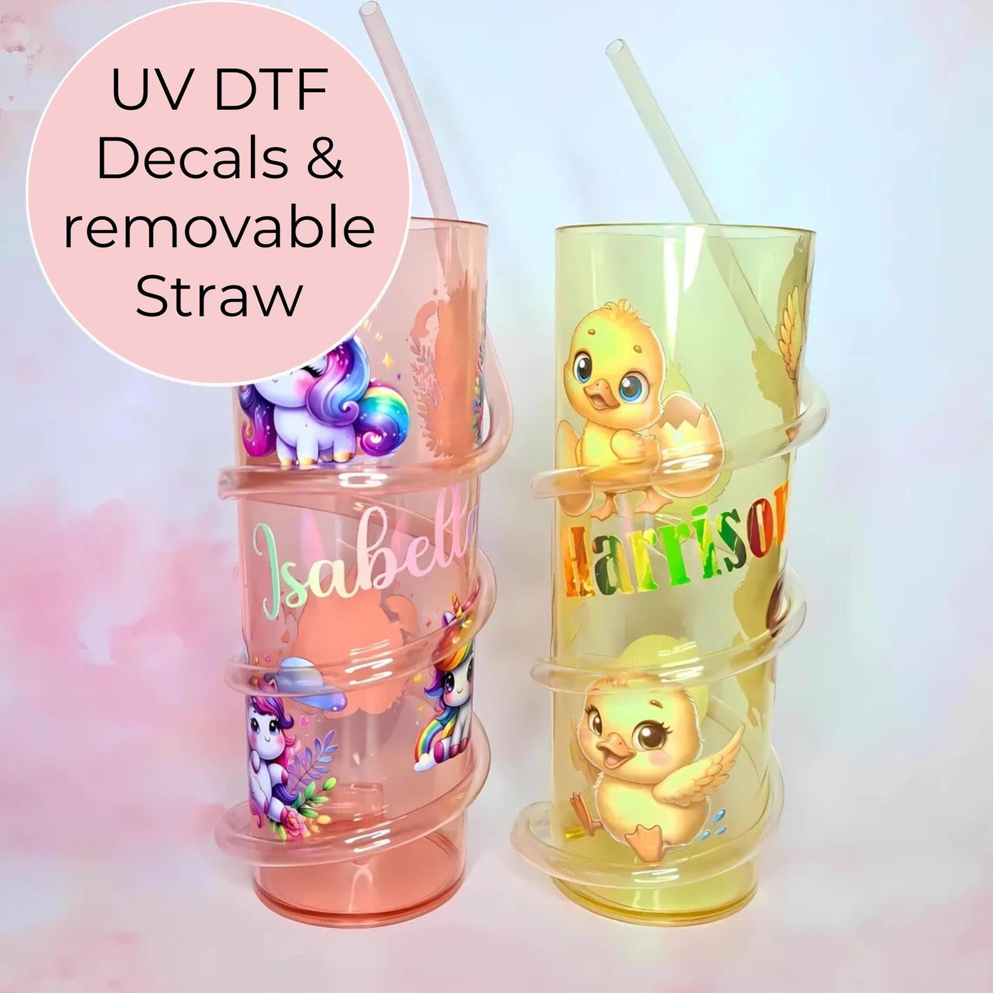 Personalized Curly Straw Tumbler with UV DTF Print, Kawaii Rainbow Unicorns Dinosaurs Football Wrap Around Straw Cup, Kids Stocking Fillers #BPA