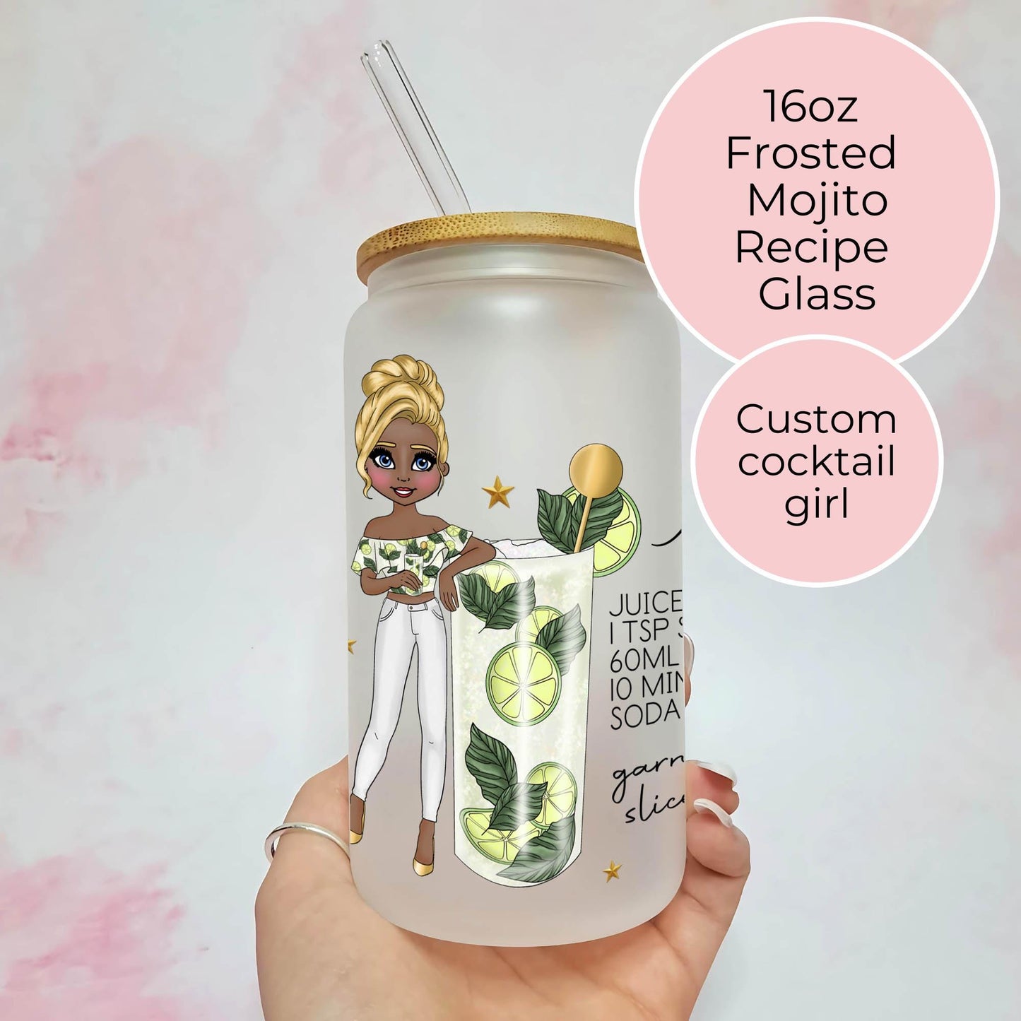 Custom Cocktail Girl Mojito Cocktail Recipe Glass, 16oz Frosted Libby Glass For Receptionist or Hostess Appreciation Gift, Cocktail Lovers Delight