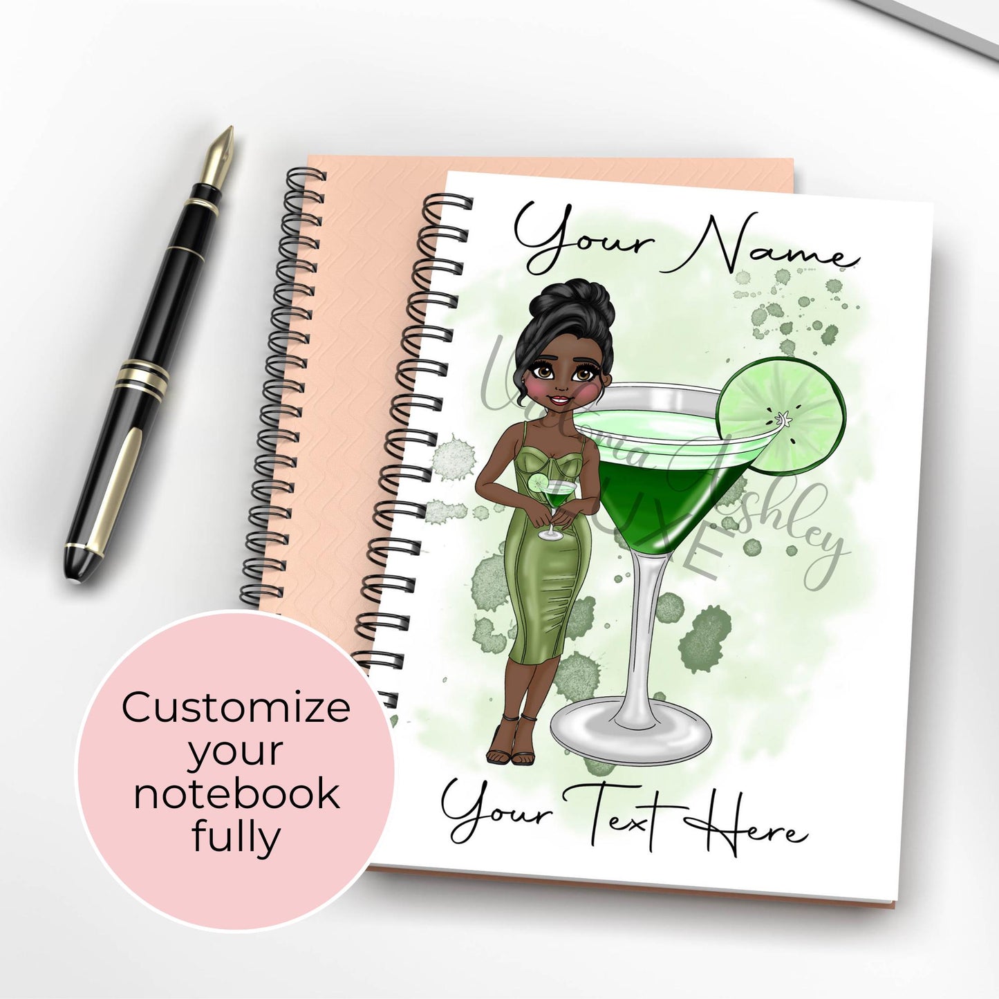 Appletini Cocktail Girl Recipe Notebook, Personalised A5 Wire-Bound Notebook With 60 Lined Sheets, Custom character Gift For Her Birthday #NB