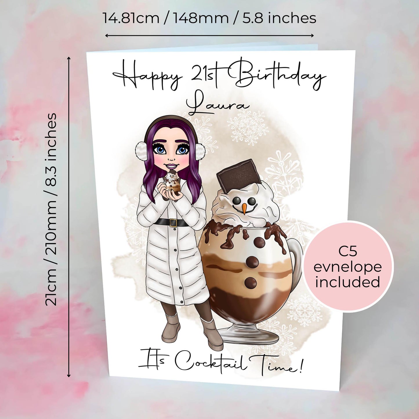 Dirty Snowman Birthday Card, Custom Character Hot Chocolate Cocktail Birthday Greeting Card, A5 Handcrafted Card For Mum Sister #G1