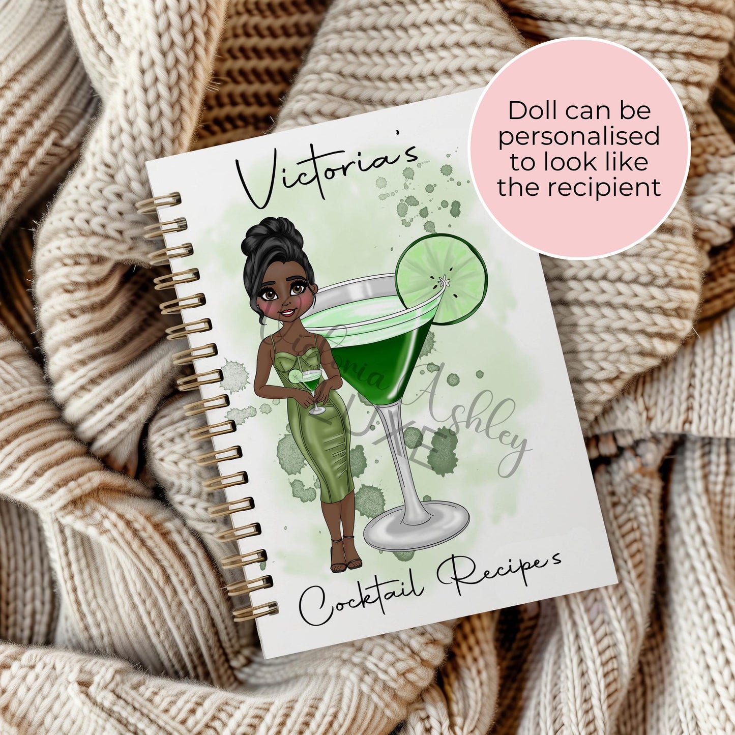 Appletini Cocktail Girl Recipe Notebook, Personalised A5 Wire-Bound Notebook With 60 Lined Sheets, Custom character Gift For Her Birthday #NB