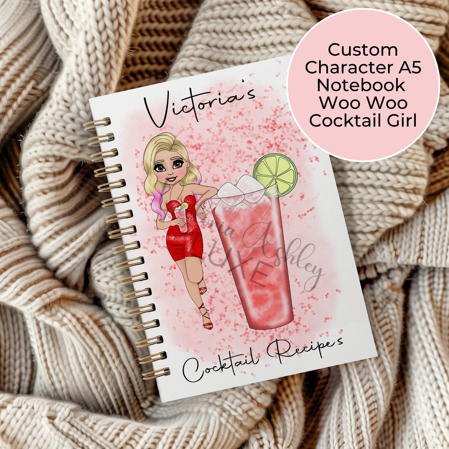 Woo Woo Cocktail Girl Recipe Notebook Personalised With A Name, A5 Wire-Bound Notbook With 60 Lined Sheets, Custom Character Notebook #NB