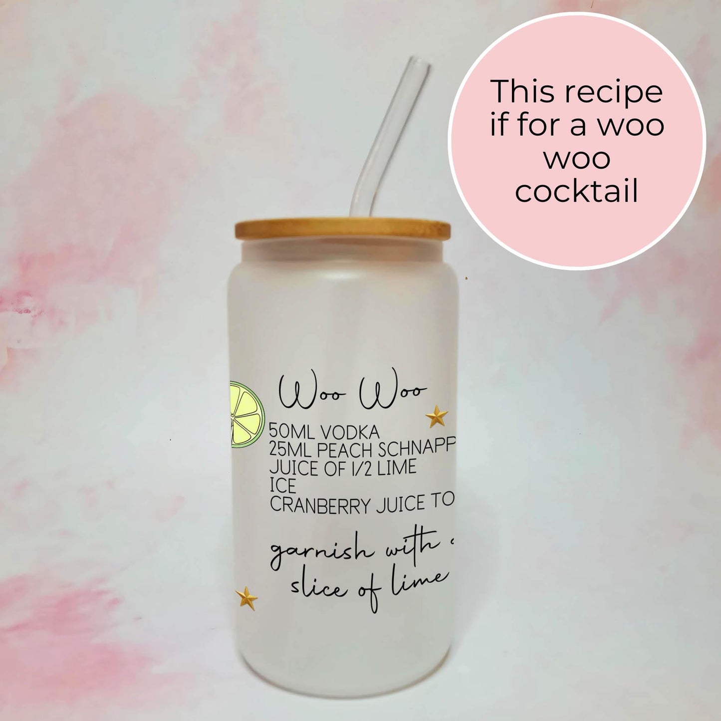 Woo Woo 16oz Frosted Libby Glass With Custom Character & Cocktail Recipe, Ladies Hen Night Cocktail Tumbler For Her, Bachellorette Cocktails #FL