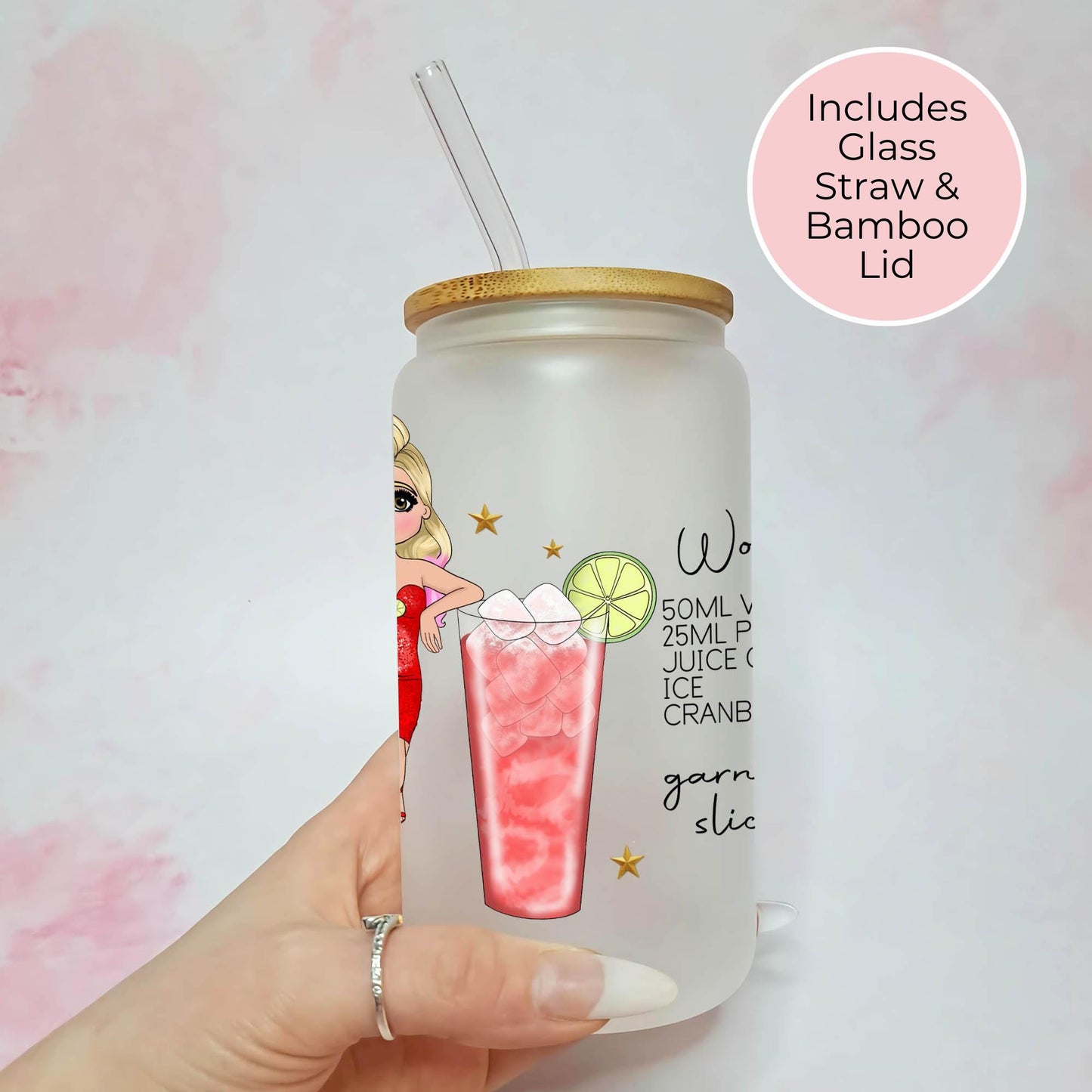 16oz Frosted Libby Glass With Custom Character & Cocktail Recipe, Ladies Hen Night Woo Woo Cocktail Tumbler For Her, Bachellorette Cocktails
