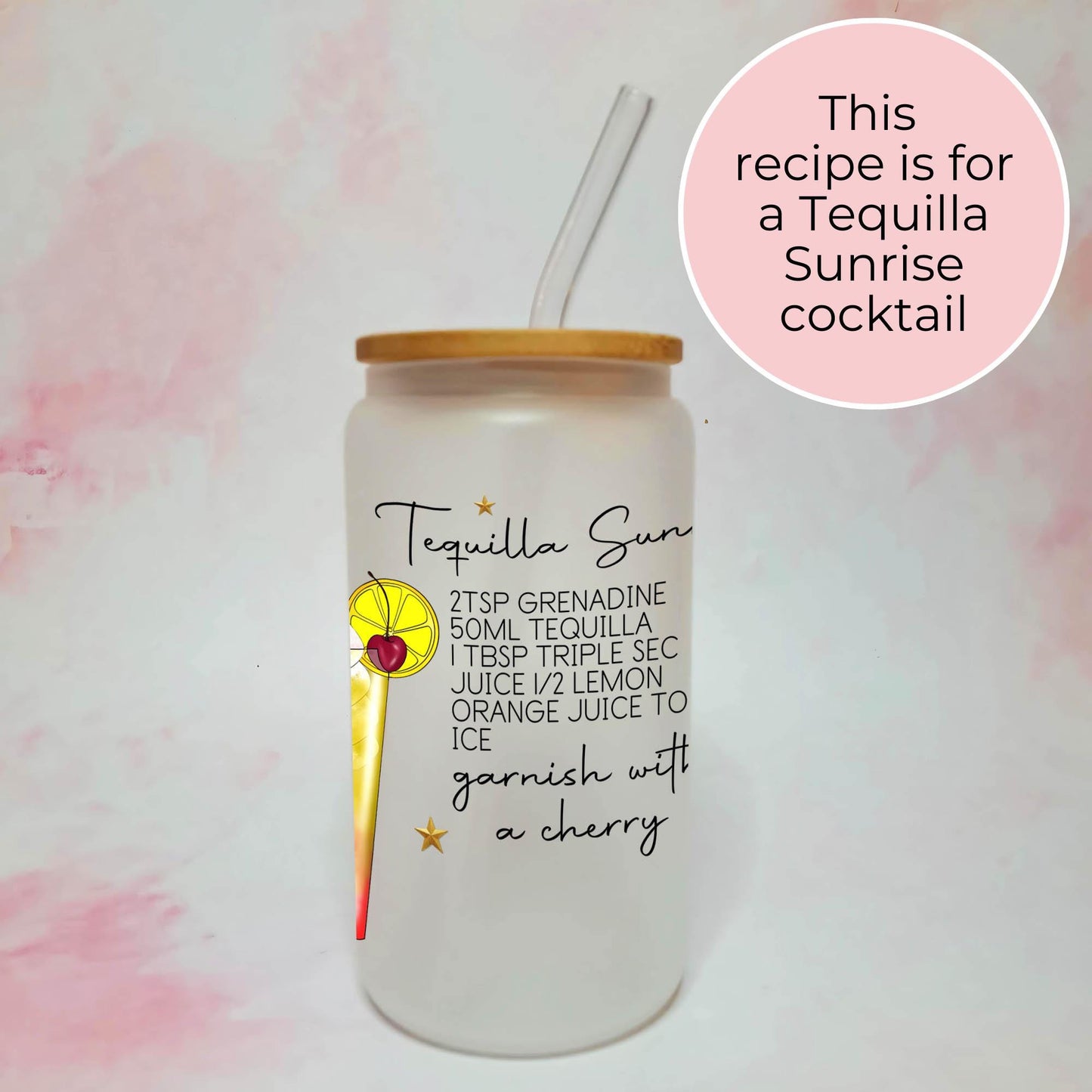Tequila Sunrise Recipe Frosted 16oz Libbey Glass, Personalised Character Gift for Cocktail Enthusiasts, Birthdays Hen Party Gift #FL
