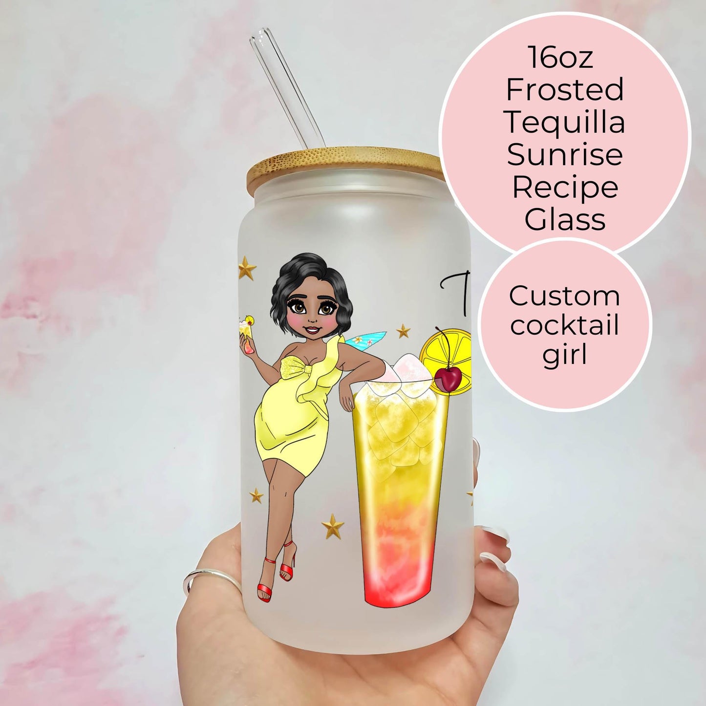 Tequila Sunrise Recipe Frosted 16oz Libbey Glass, Personalised Character Gift for Cocktail Enthusiasts, Birthdays Hen Party Gift #FL