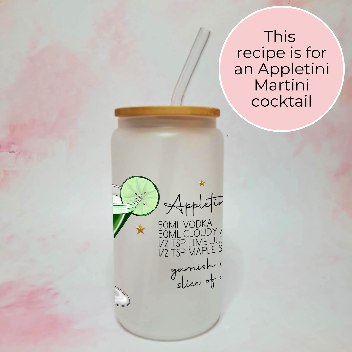 Appletini 16oz Frosted Glass Can Cocktail Themed Custom Character Design, Bartender Birthday Gift, Libbey Mixer Glass Appletini Cocktail #FL