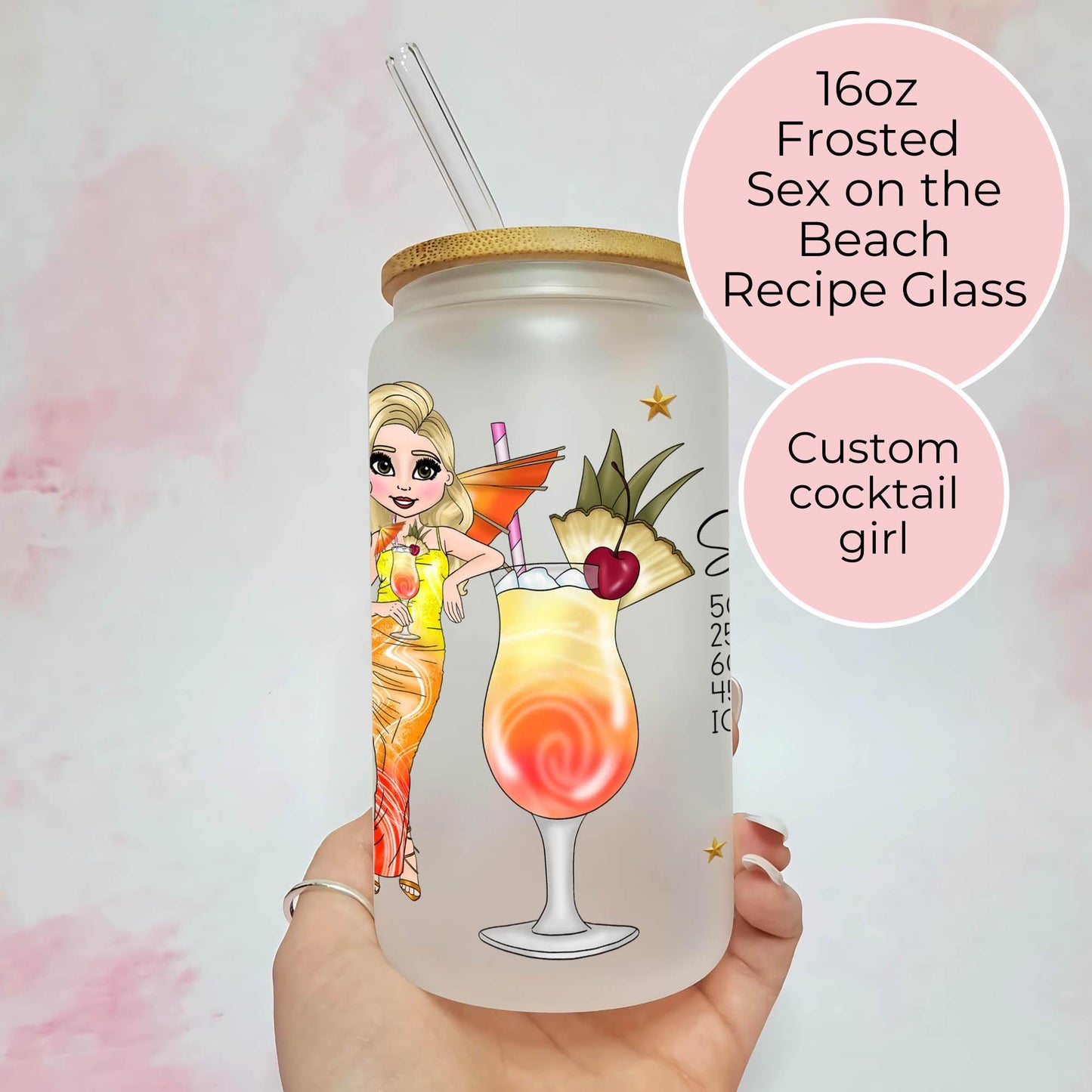 Personalised Character Portrait Cocktail Glass With Recipe For Big Sister, Frosted Cocktail Glass Sex On The Beach Bachelorette Hostess Gift
