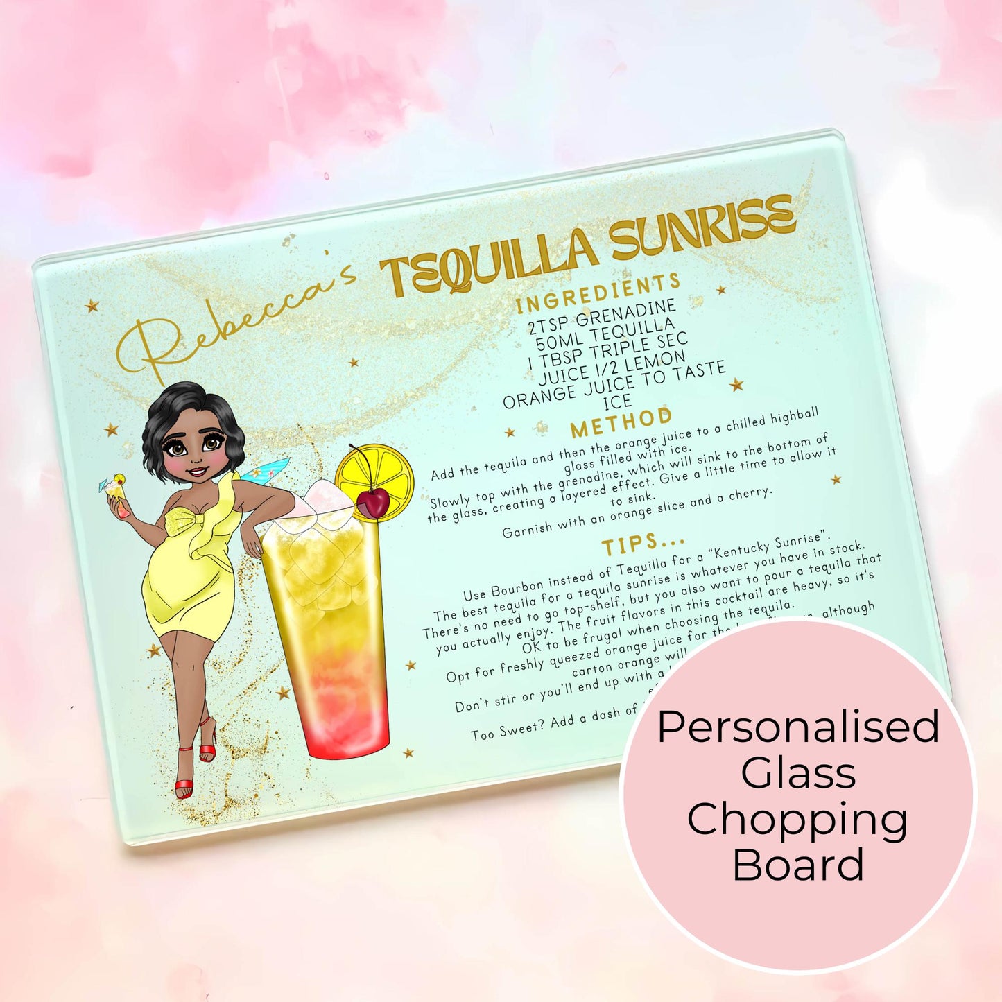Personalized A4-Sized Glass Chopping Board, Tequila Sunrise Tropical Cocktail Recipe Gift, 18th Birthday, Housewarming Summer Soiree Gift #CB1