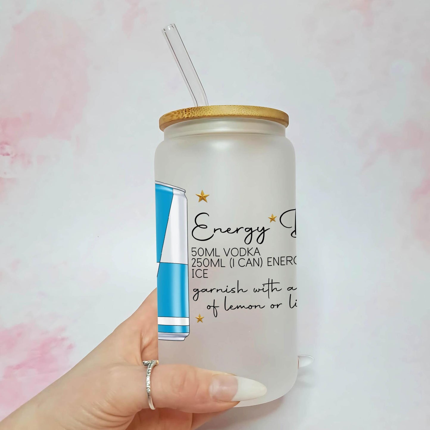 Energy Drink 16oz Frosted Libby Glass With Custom Character & Cocktail Recipe, Ladies Hen Night Cocktail Tumbler For Her Bachelorette Party #FL
