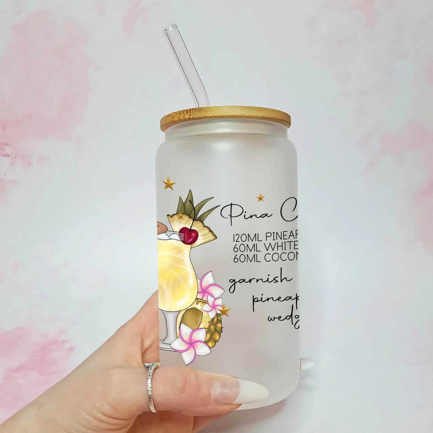 Pina Colada 16oz Frosted Libby Glass With Custom Character & Cocktail Recipe, Ladies Hen Cocktail Tumbler For Her, Milestone Birthday Gift #FL