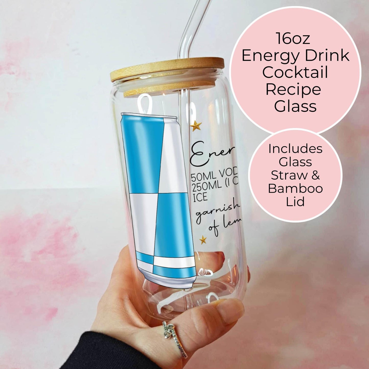 Energy Drink 16oz Clear Glass & Cocktail Recipe, Fun Drinkware Gift for Cocktail Lovers, UV Print Tumbler for Party Drink Girls Night #CL