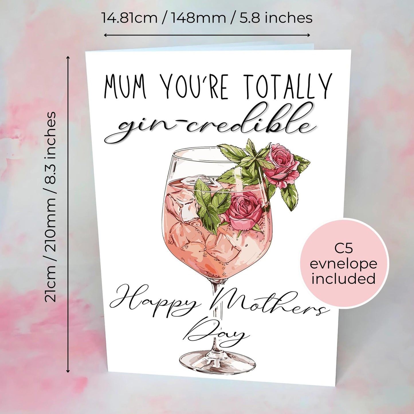 Pink Gin 75: Gin Credible Mum A5 Mothers Day Card, Rose Gin Mothers Day Card From A Daughter, Gin Pun Greeting Card, Floral Rose Wine Glass Decal #G1