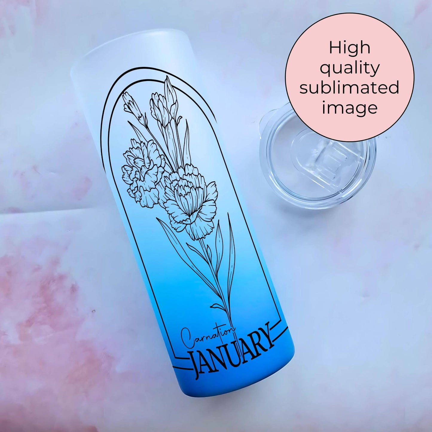20oz Glass Ombre Tumbler With January Birth Flower Design, Black And White Line Art Carnation Birth Zodiac Flower, Milestone Birthday Gift