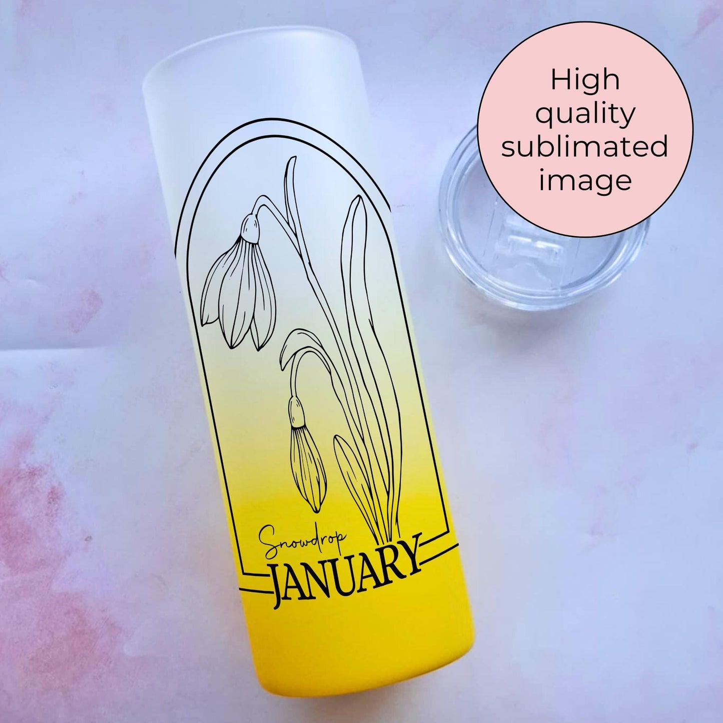 20oz Ombre Glass Tumbler Gift For Her Birthday, January Zodiac Birthday Flower, Snowdrop Line Art Sublimated Tumbler, Teacher Appreciation