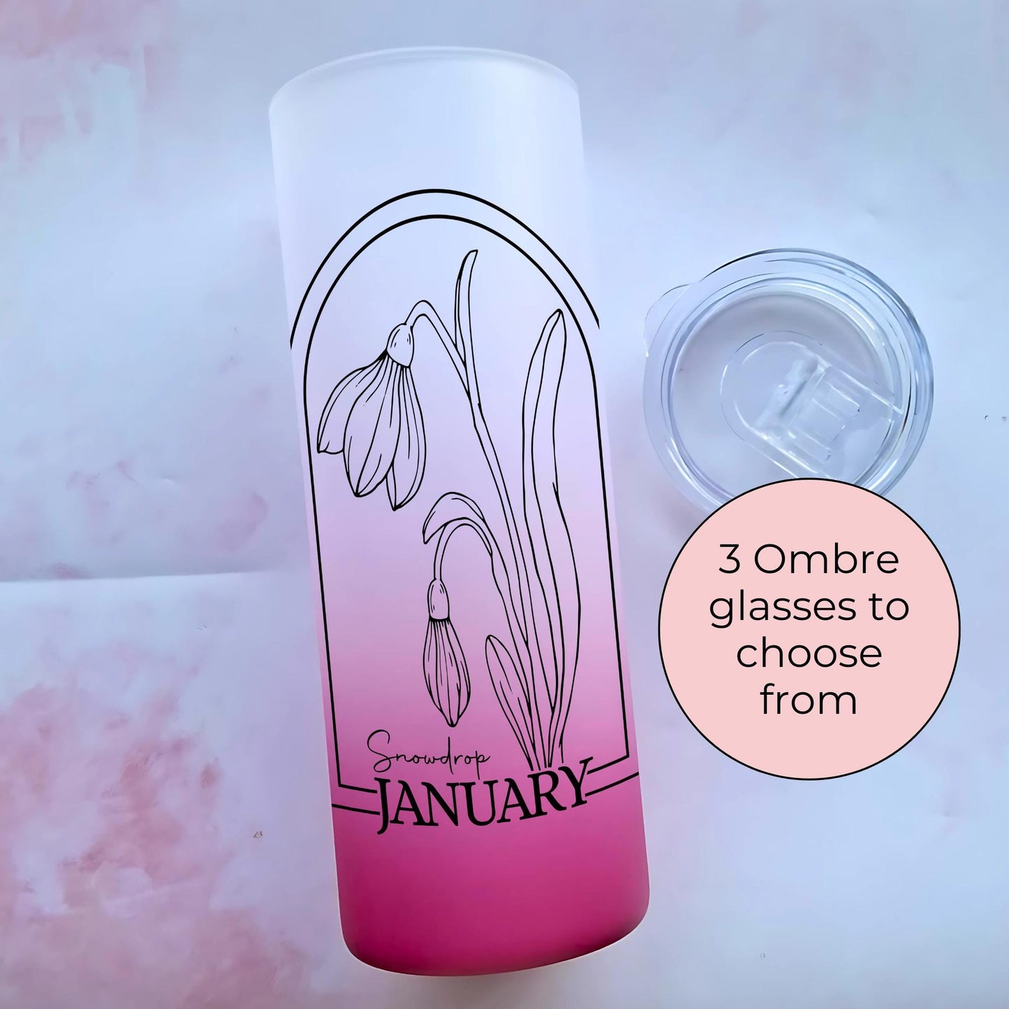 20oz Ombre Glass Tumbler Gift For Her Birthday, January Zodiac Birthday Flower, Snowdrop Line Art Sublimated Tumbler, Teacher Appreciation