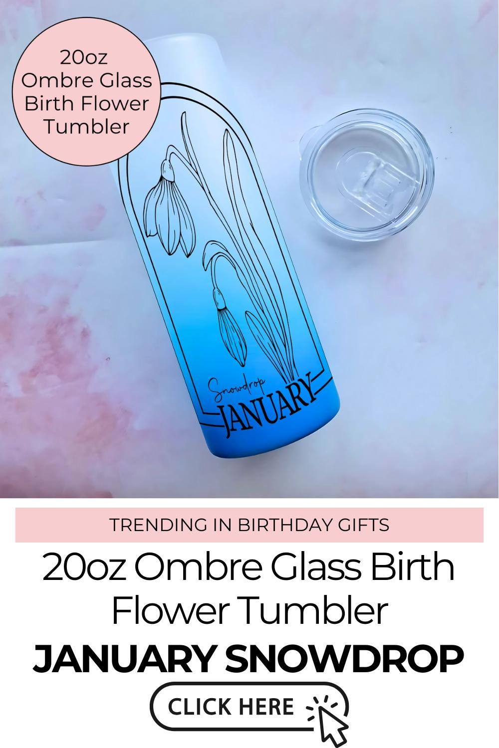 20oz Ombre Glass Tumbler Gift For Her Birthday, January Zodiac Birthday Flower, Snowdrop Line Art Sublimated Tumbler, Teacher Appreciation