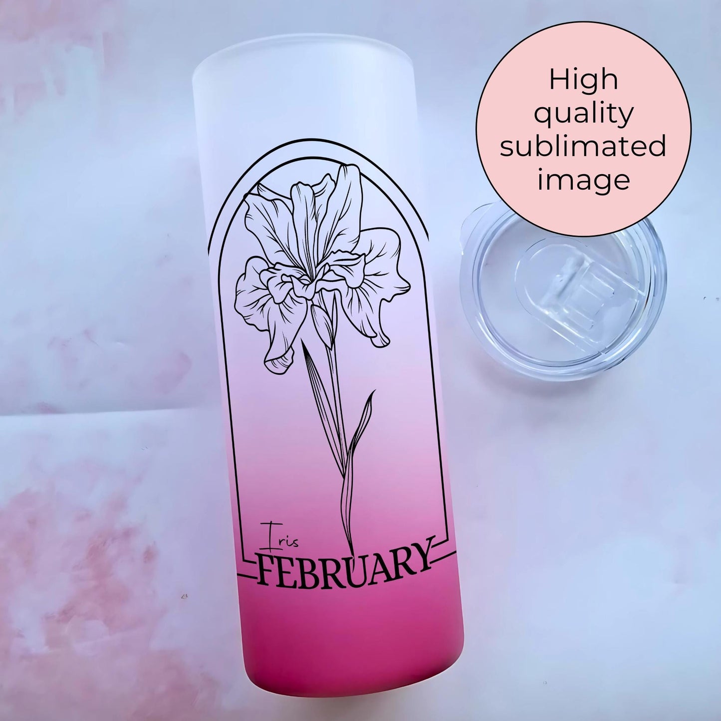 20oz Ombre Glass Tumbler with February Iris Birth Flower, Personalised Floral Gift for Her, Birthday Drinkware for Women, End Of Term Gift