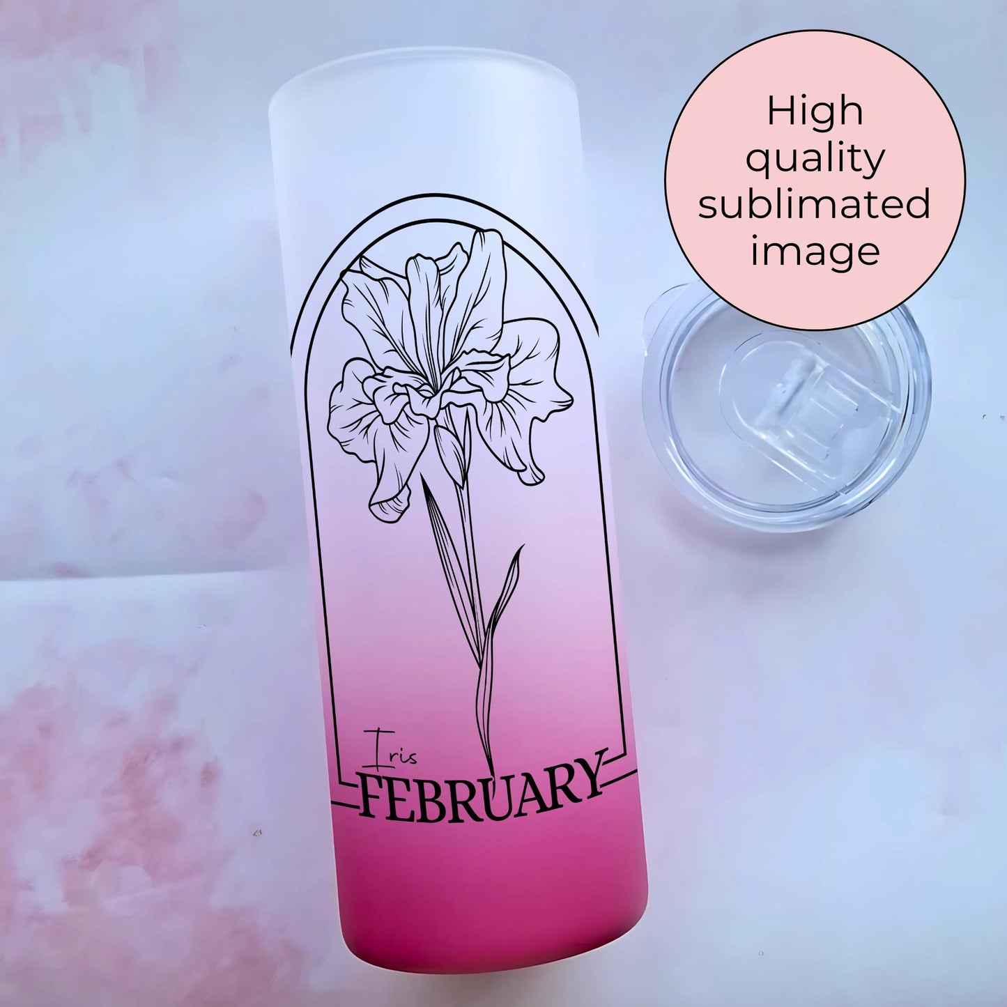 20oz Ombre Glass Tumbler with February Iris Birth Flower, Personalised Floral Gift for Her, Birthday Drinkware for Women, End Of Term Gift #BF