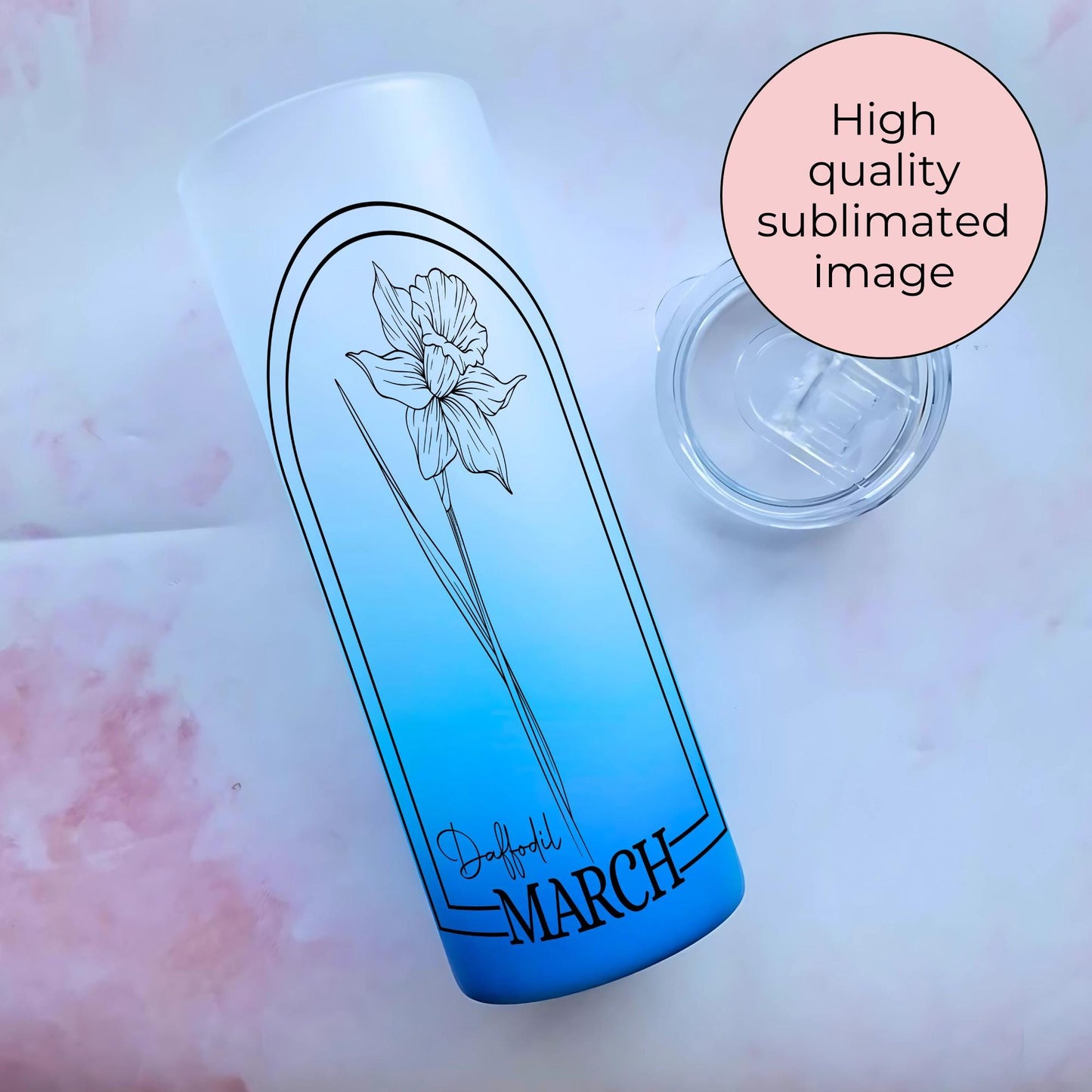 20oz Tempered Glass Ombre Tumbler For Her, Milestone Birthday Gift With March Birth Flower, Daffodil Theme Tumbler Gift Hot Or Cold Drinks