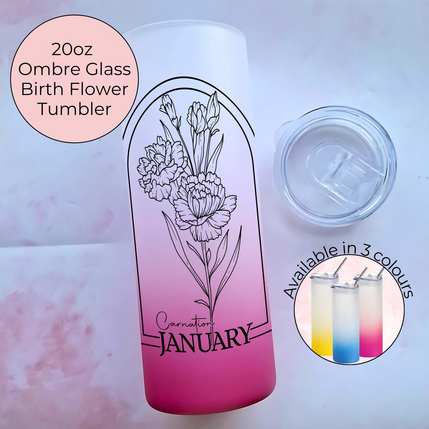 20oz Glass Ombre Tumbler With January Birth Flower Design, Black And White Line Art Carnation Birth Zodiac Flower, Milestone Birthday Gift
