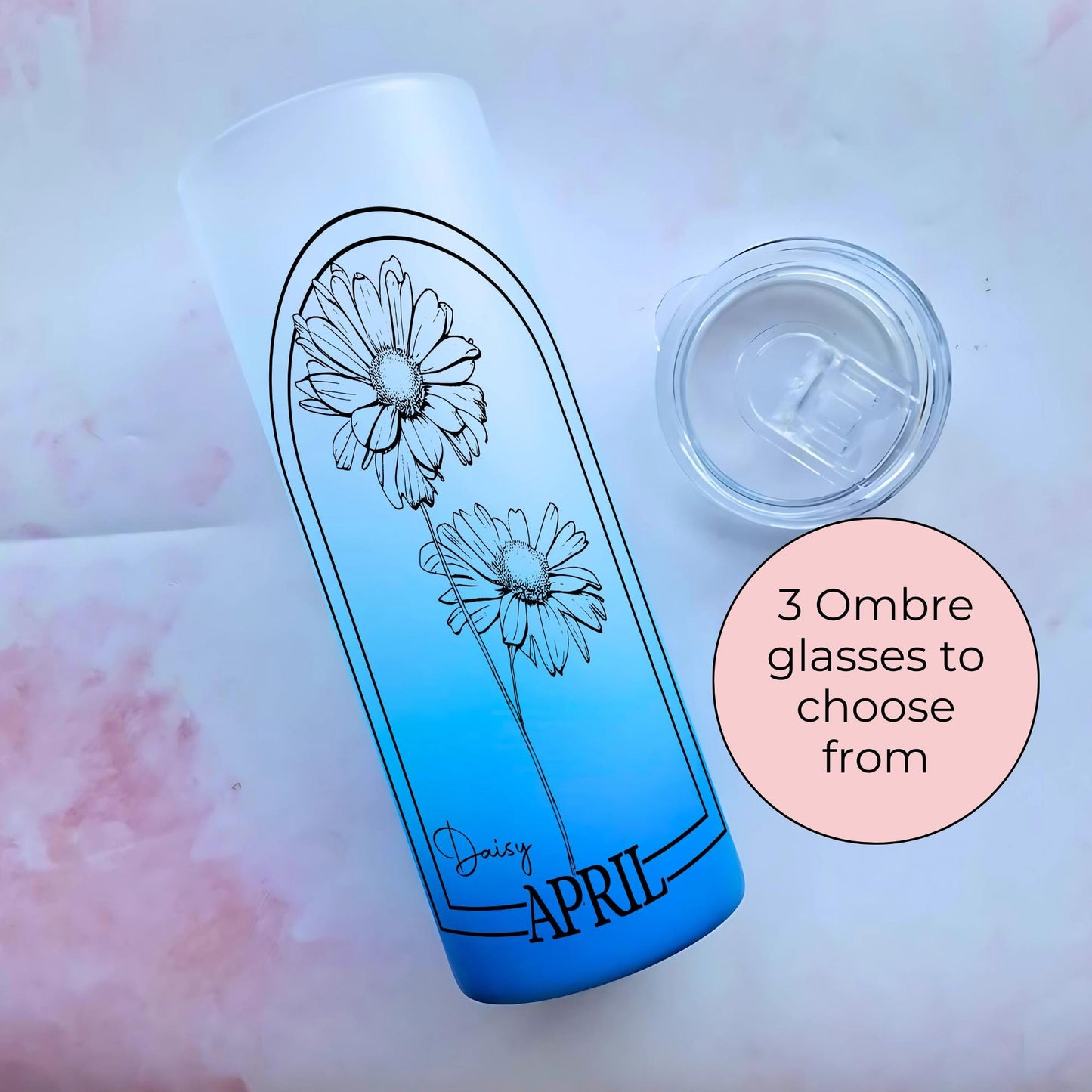 20oz Ombre Tempered Glass Tumbler, April Daisy Zodiac Birth Flower Gift For Her, Bright Pink Blue Or Yellow Ombre Botanical Birth Flower