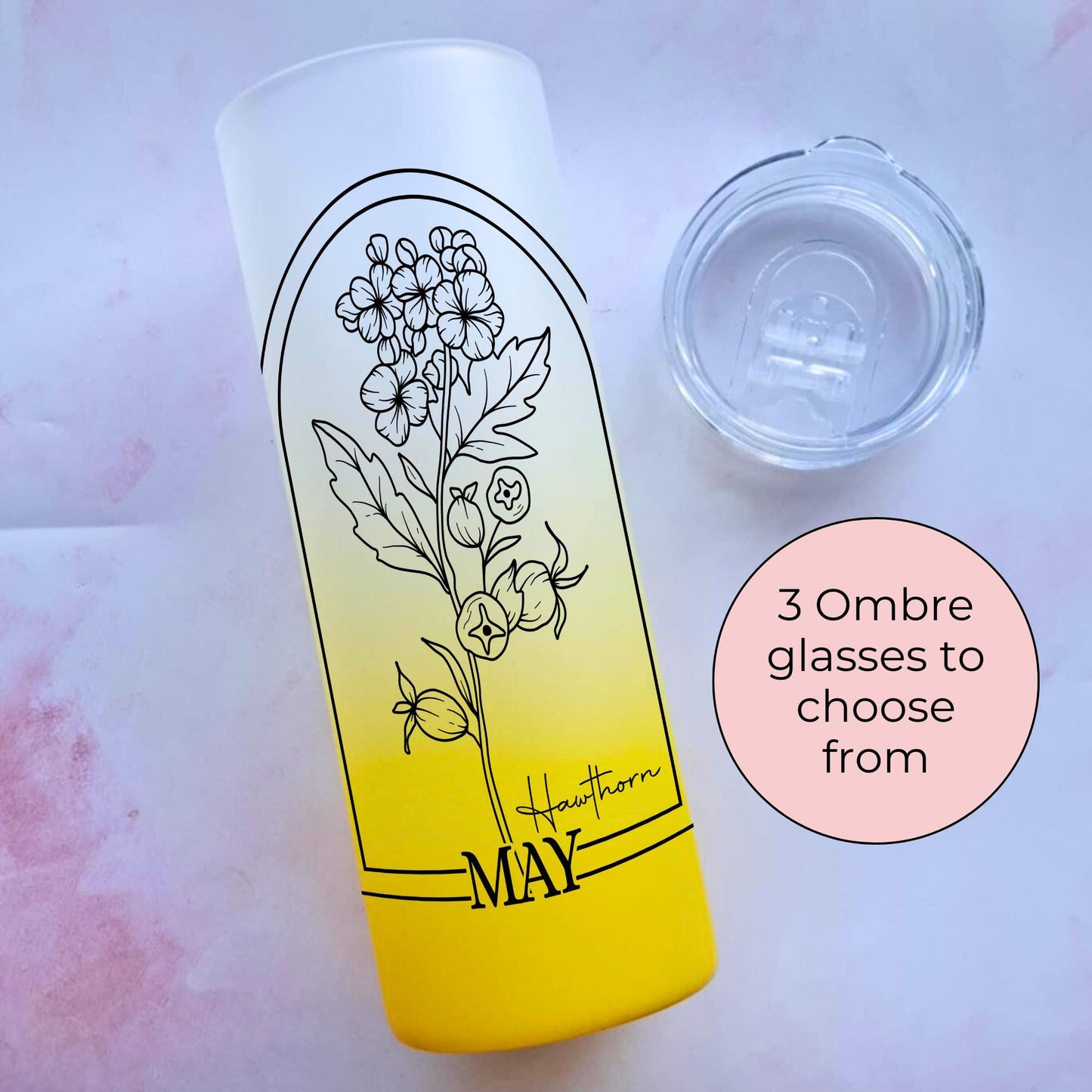 20oz Ombre Glass Tumbler, May Birth flower Line Art Floral Tumbler, Teacher End Of Term Appreciation Gift, Hawthorn Monochrome Line Art