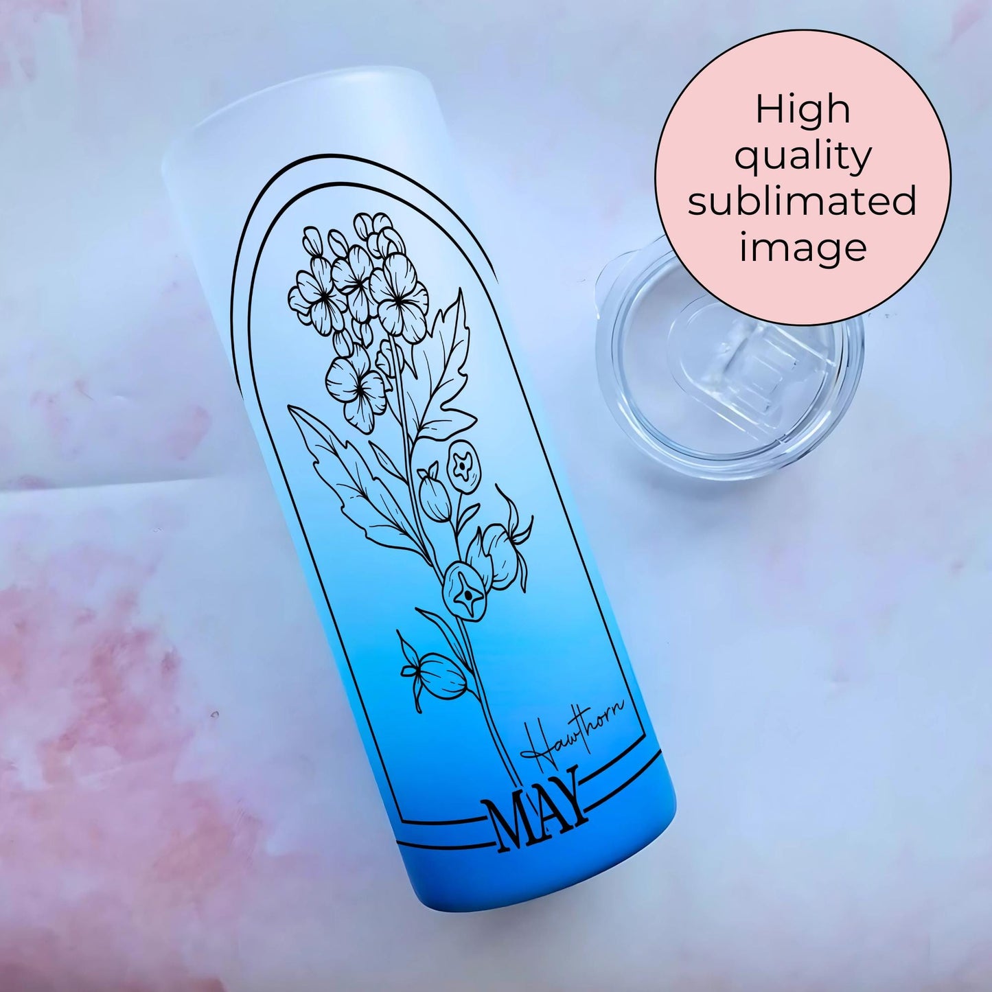 20oz Ombre Glass Tumbler, May Birth flower Line Art Floral Tumbler, Teacher End Of Term Appreciation Gift, Hawthorn Monochrome Line Art