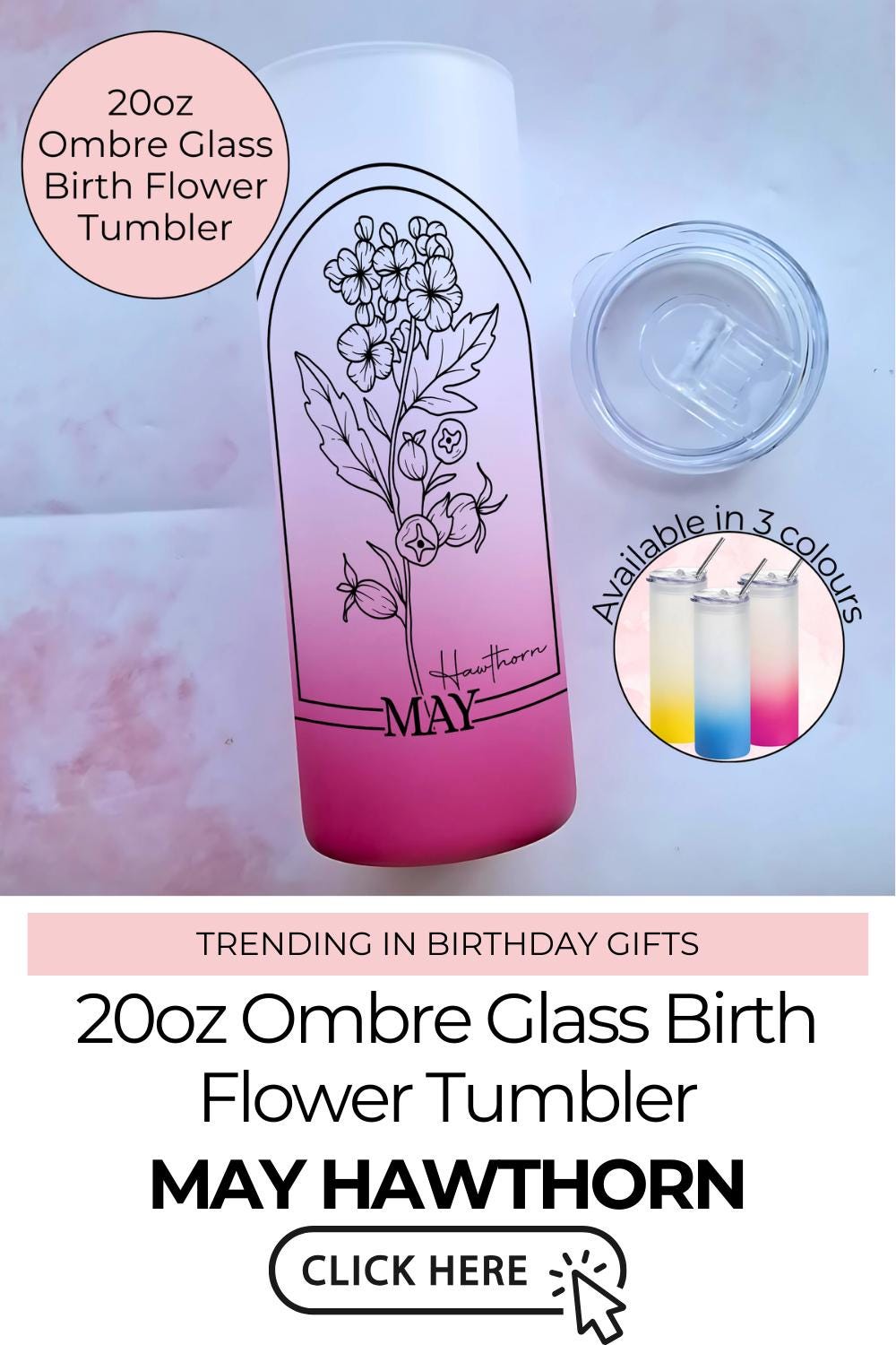 20oz Ombre Glass Tumbler, May Birth flower Line Art Floral Tumbler, Teacher End Of Term Appreciation Gift, Hawthorn Monochrome Line Art