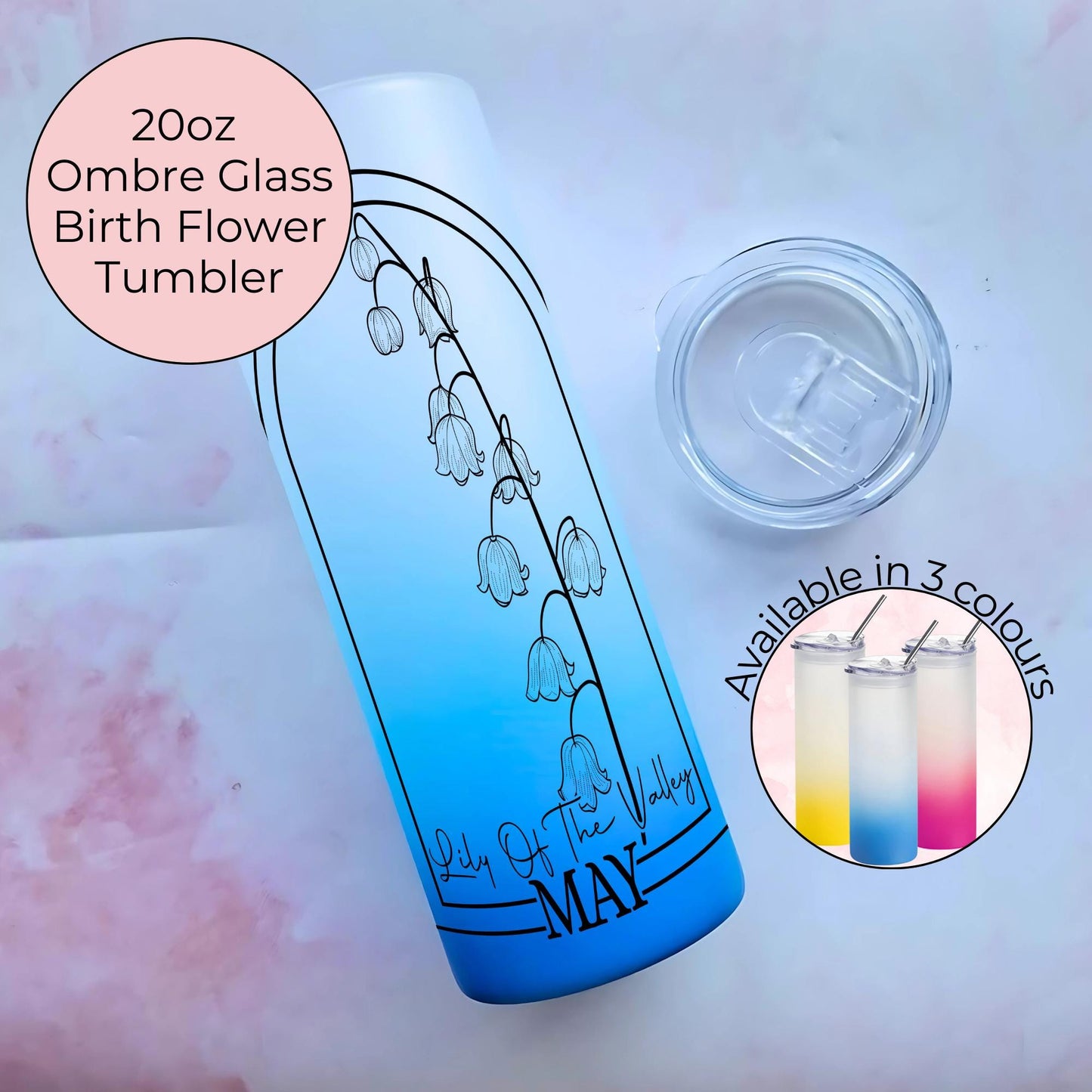 20oz Birth Flower On Skinny Ombre Glass Tumbler, Lily Of The Valley Line Art Flower, Clip Art Sublimation Decal, Teacher Appreciation Gift