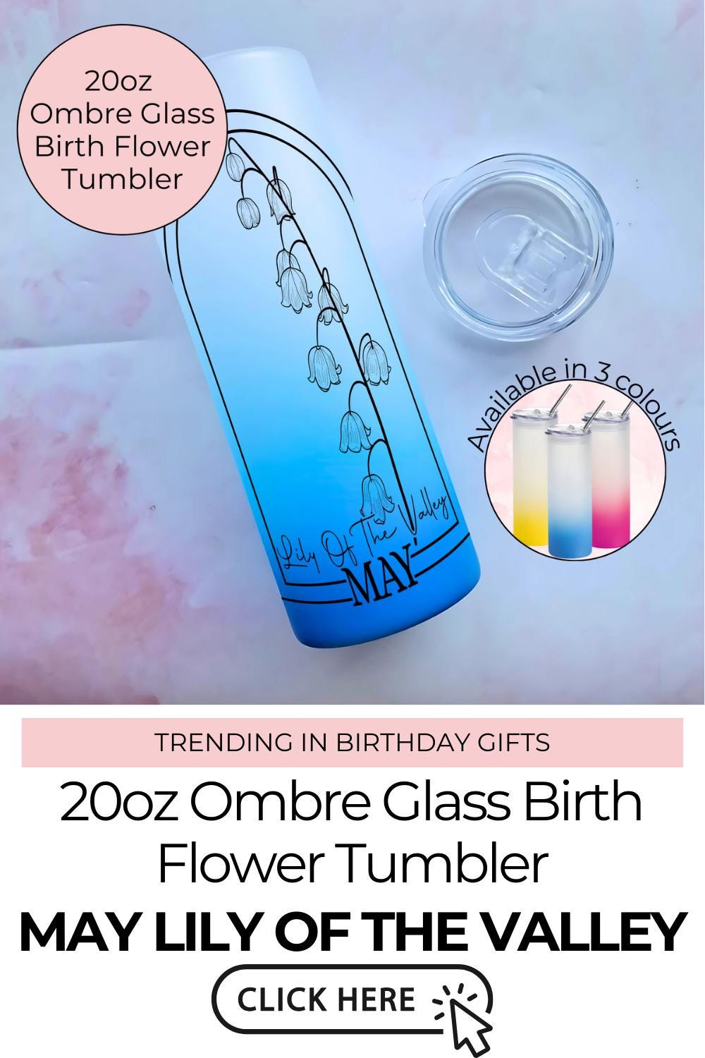 20oz Birth Flower On Skinny Ombre Glass Tumbler, Birth Flower Of May,Lily Of The Valley Line Art Flower, Clip Art Sublimation Decal, Teacher Appreciation Gift #BF